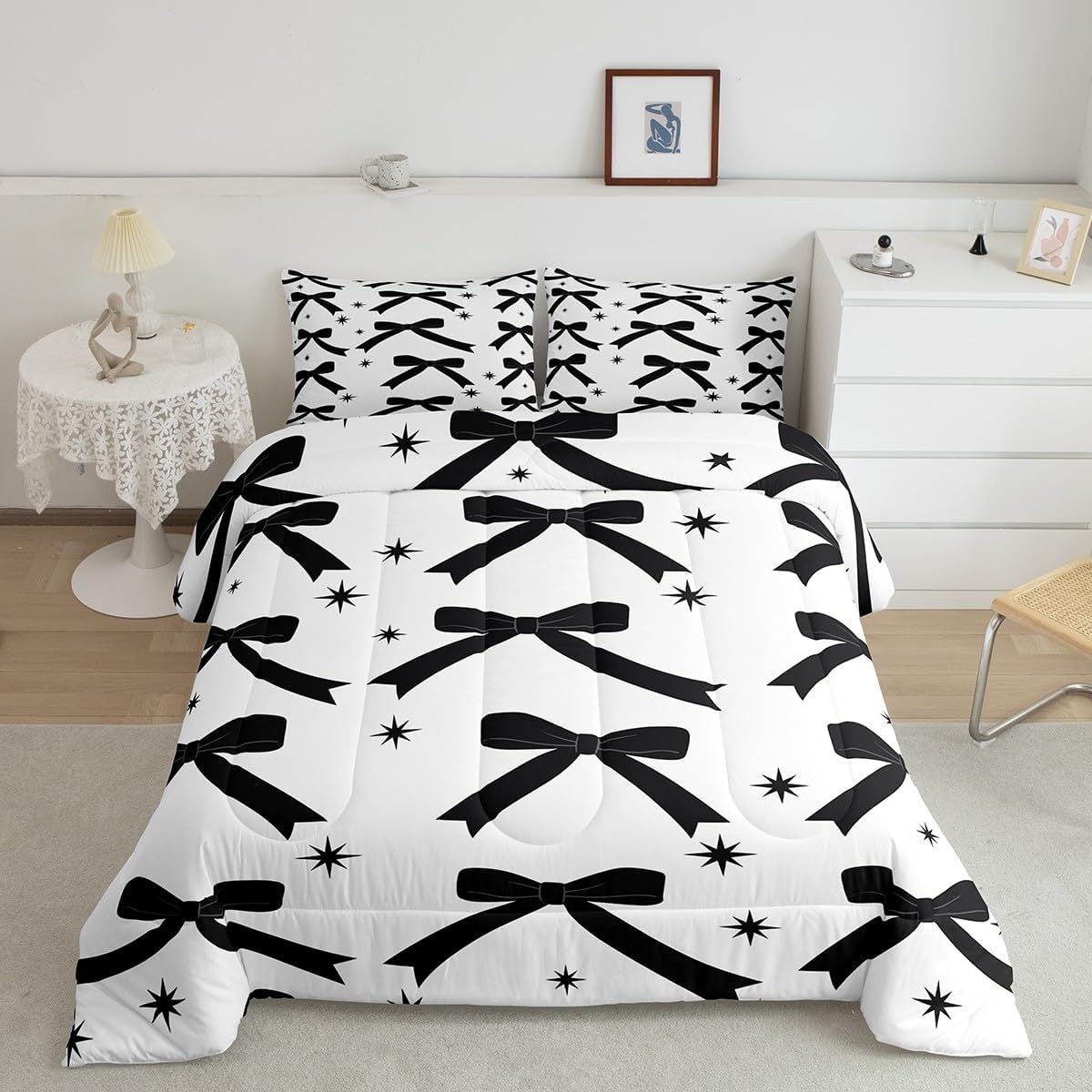 Floral Bowknot Comforter Set,Pink Bow Tie Print Bedding Set Cute Bow Flower Comforter Princess Style Bed Set for All Season