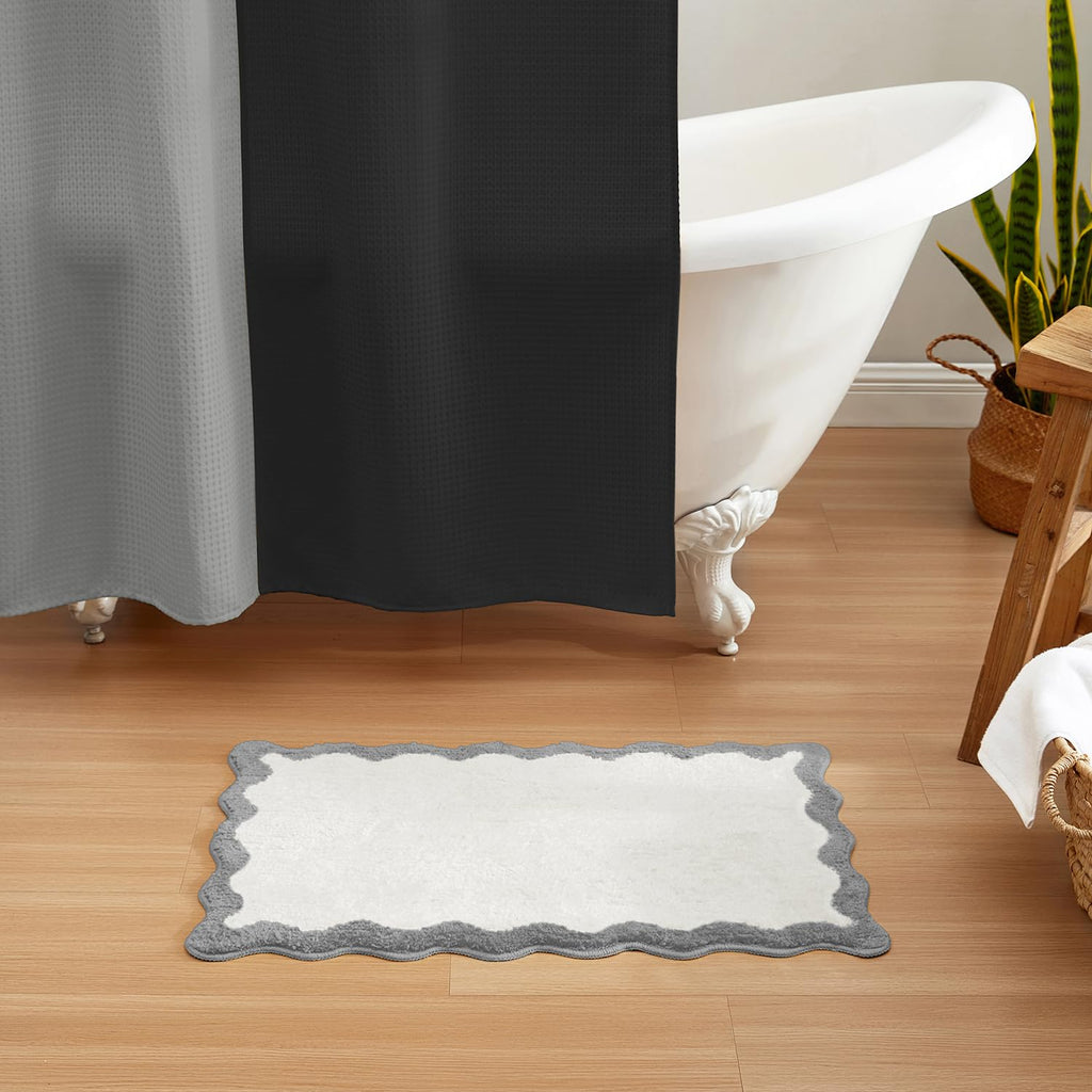 Wavy Bath Mat with Scalloped Ripple Design, Microfiber Absorbent Non Slip Tufted Rug
