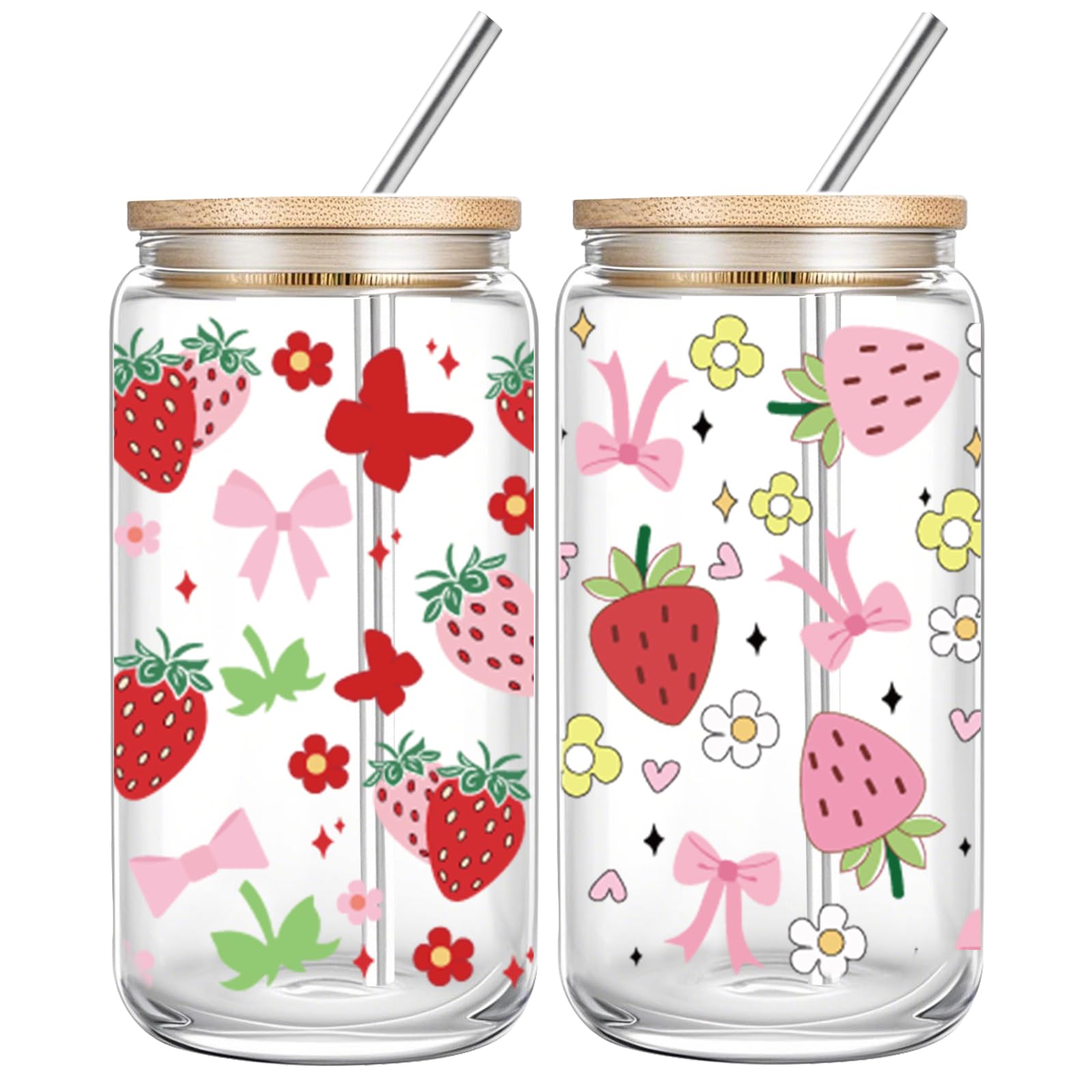 Cute 16oz Glass Cups with Lids and Straws, 2 Pack