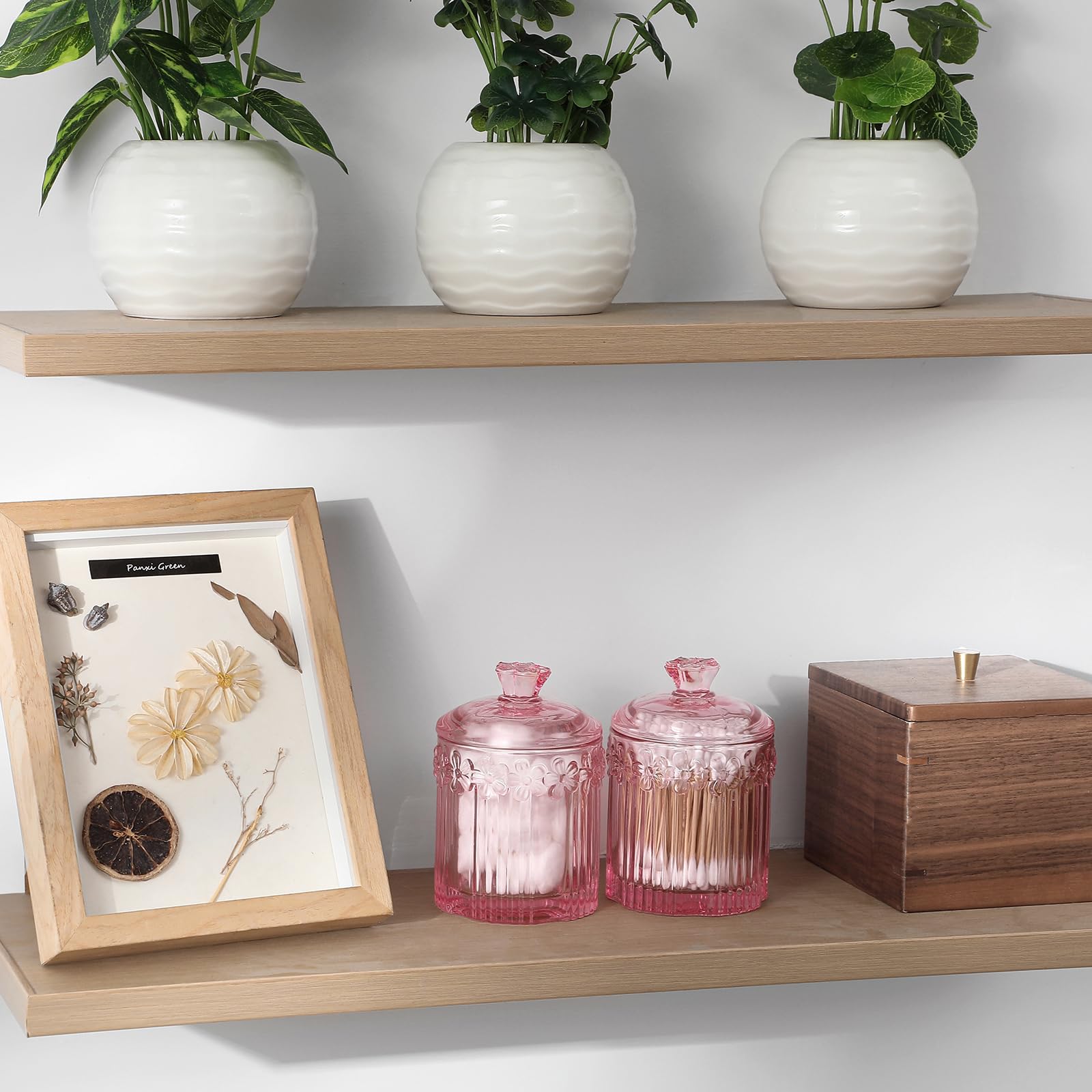 Qtip Holder Glass Apothecary Jars with Lids Set Bathroom Canisters Dispenser Organizers and Storage for Cotton Swabs, Balls, Pads, Floss Picks, Candy 2 Pack