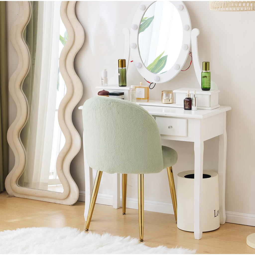 Cute, non-wheeled desk chair with backrest, fluffy cushion, cozy makeup chair with adjustable golden legs