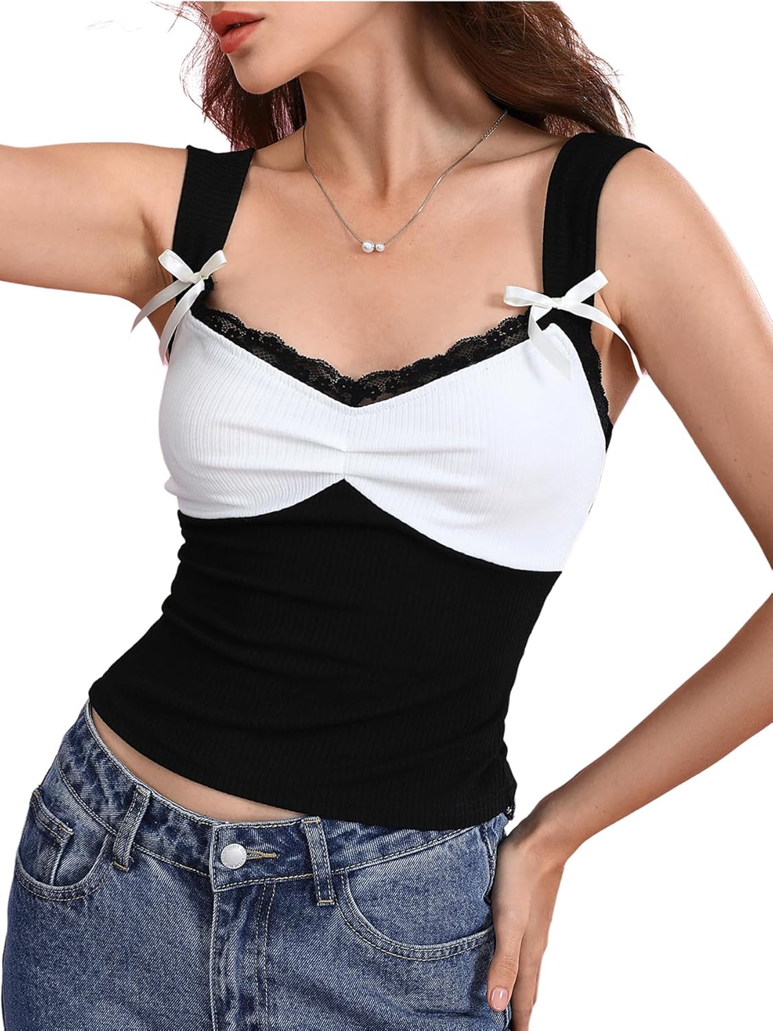 Women's Lace Trim Color Block Tank Tops Bow Sleeveless Vets Shirts Coquette Outfits