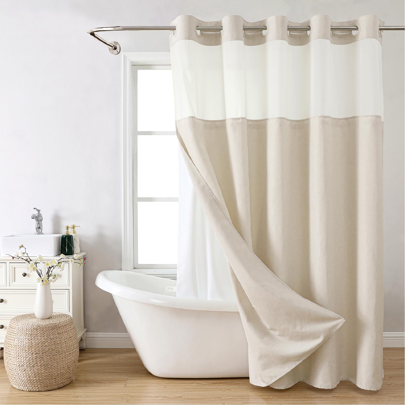 No Hooks Needed Linen Textured Shower Curtain with Snap-in Fabric Liner Set, Luxury Decor Shower Curtains for Bathroom with Mesh Top Window, Waterproof & Washable