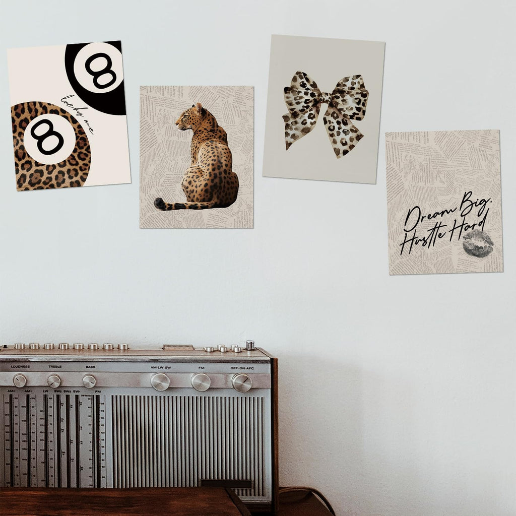 Trendy Leopard Wall Art Prints Set of 4 Funky Lucky 8 Ball Posters Prints Preppy Room Aesthetic Cheetah Wall Decor for Girls Room Dorm Apartment 8x10 Unframed