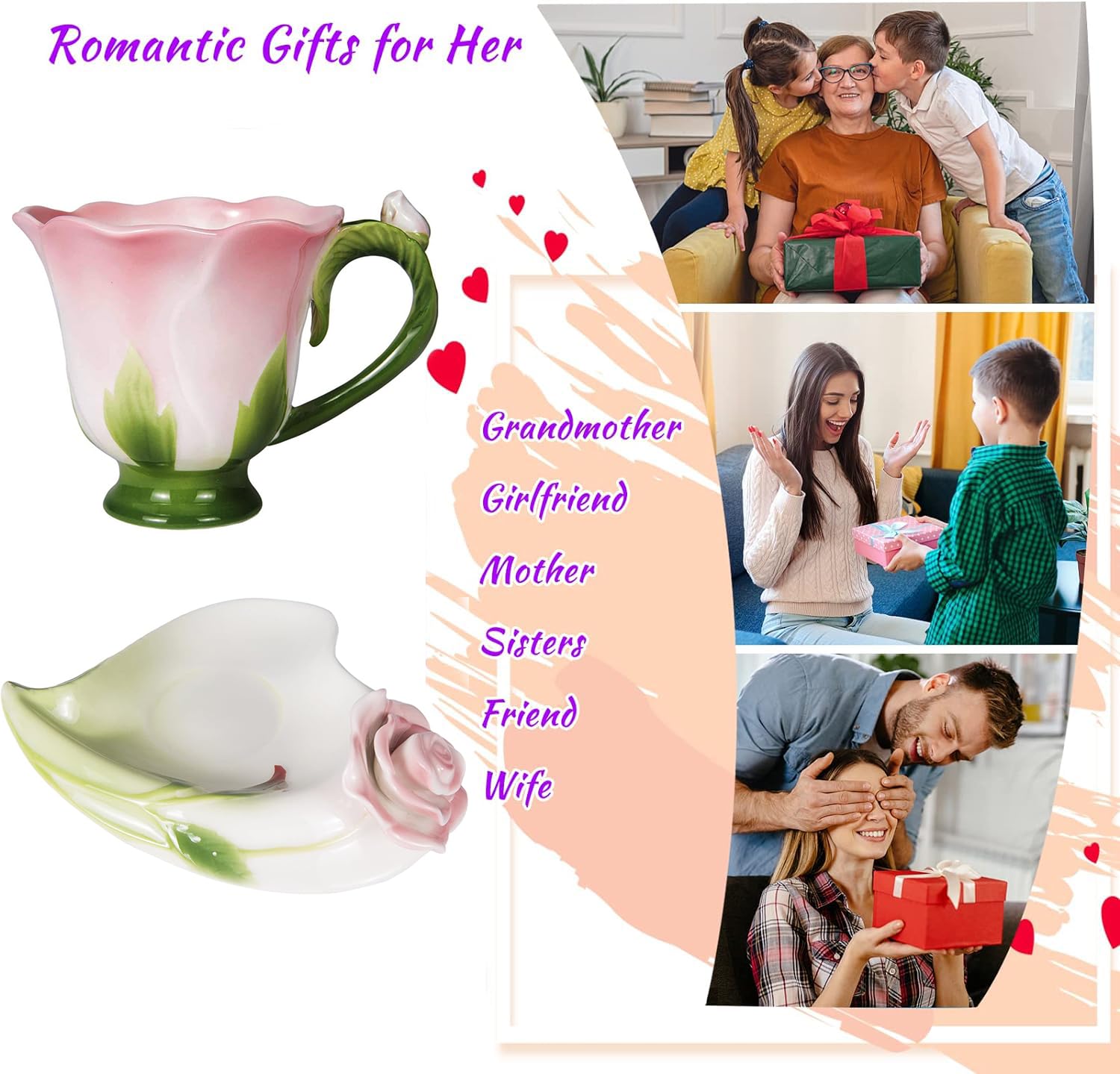 Rose Tea Cup and Saucer -  Set for 1 Ceramic Hand Crafted Rose Flower Cup, 6 Oz