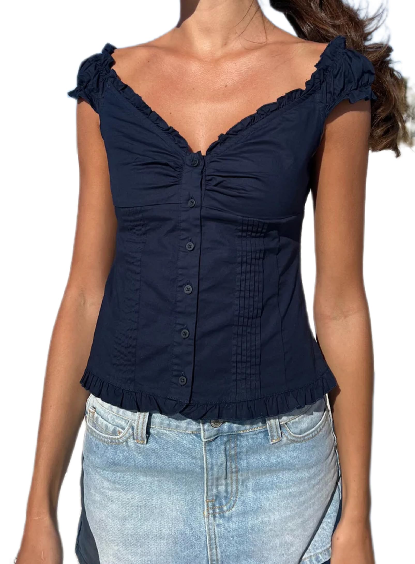 Y2K Short Sleeve Babydoll Tops for Women Cute Aesthetic U Neck Teen Girls Tshirt Ruffle Hem Patchwork Peplum Shirts