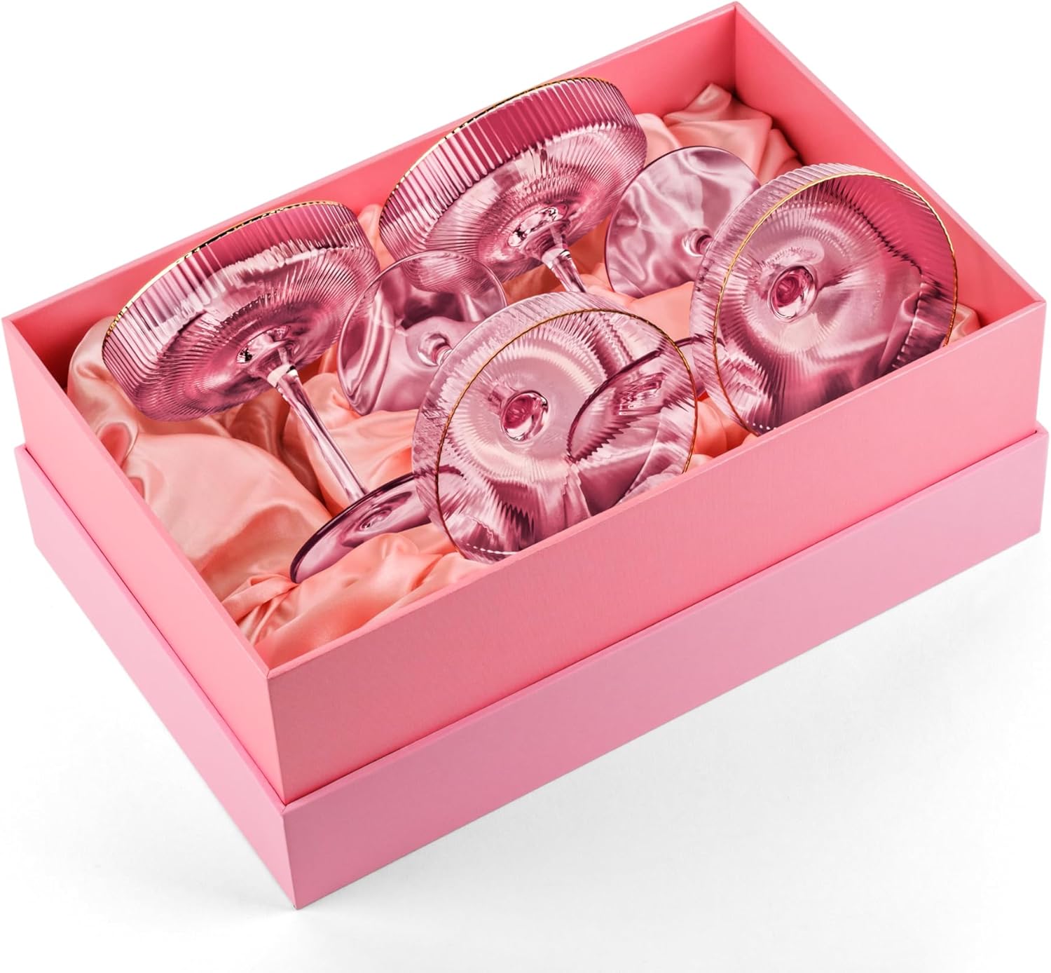 Vintage Art Deco Blush Pink Coupe Glasses with Gold Rims | Set of 4 | 7 oz Crystal Ribbed Cocktail Glassware