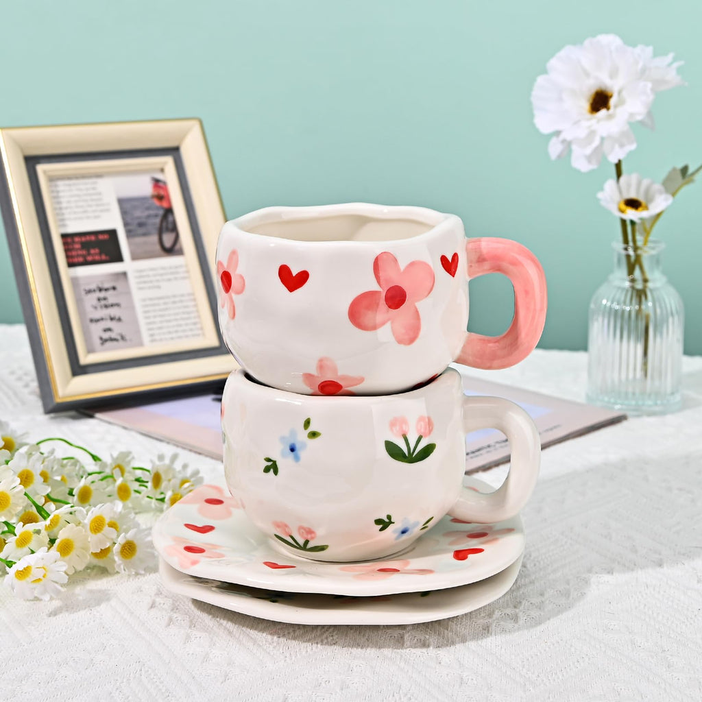 Ceramic Coffee Mug with Saucer Set, Cute Creative Cup Unique Irregular Design, 10 oz/300 ml