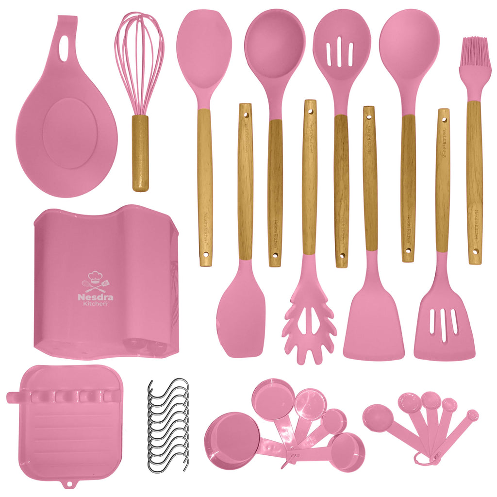 Silicone Cooking Utensils Set with Wooden Handles â€?Food-Grade, BPA-Free & Heat Resistant Kitchen Tools for Nonstick Cookware, Includes Holder & Hooks 33-Piece