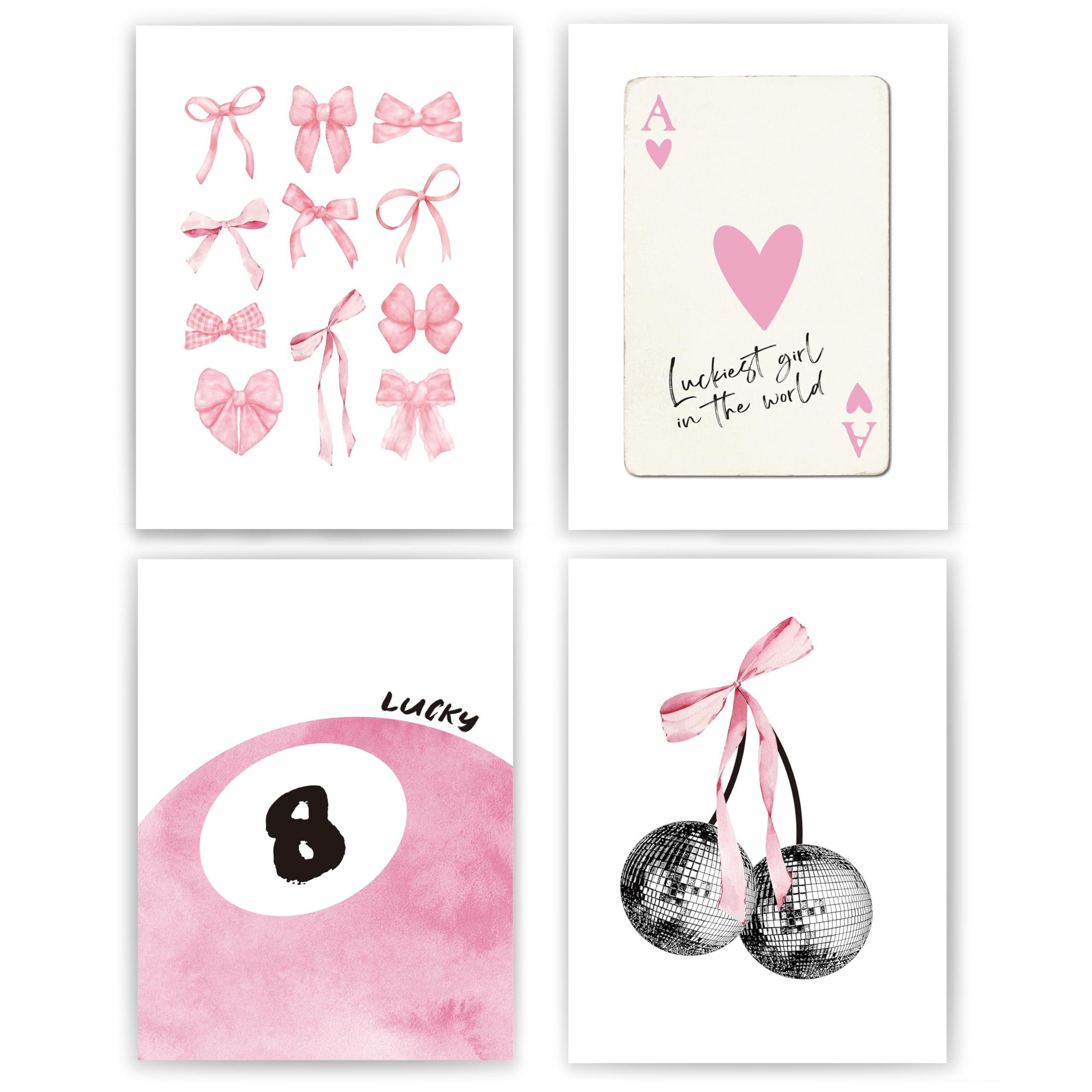 Set of 4 Coquette Preppy Wall Art Prints â€?8x10 Unframed Posters Featuring Bow, Disco, 8-Ball, and Cherry Designs Room Decor