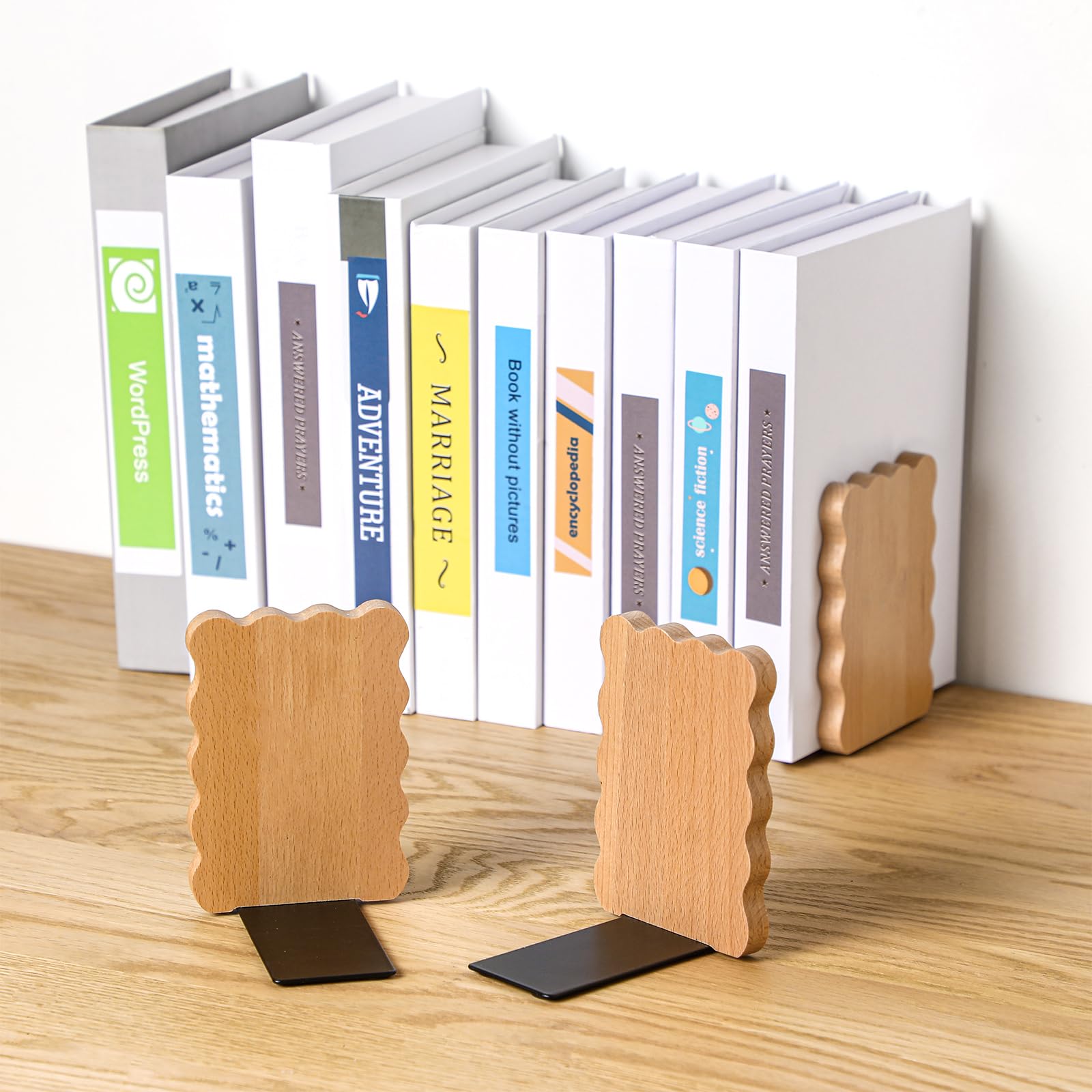 Wood Scalloped Bookends for Shelves, Non Slip Decorative Cute Aesthetic Preppy Heavy Duty Book Ends Organizer Stopper