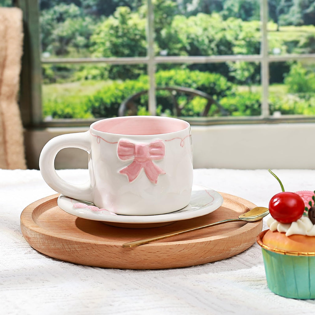 Elegant Bowknot Tea Cup and Saucer Set, Ceramic Tea Mug Set with Butterfly Bow Design, Perfect for Afternoon Tea or Home Décor