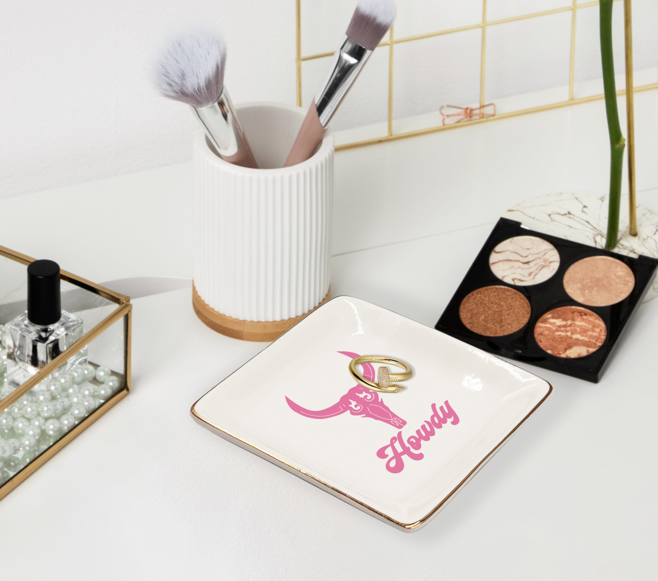 Ceramic Jewelry Tray Dish, Pink Print Jewelry Plate Trinket Dish