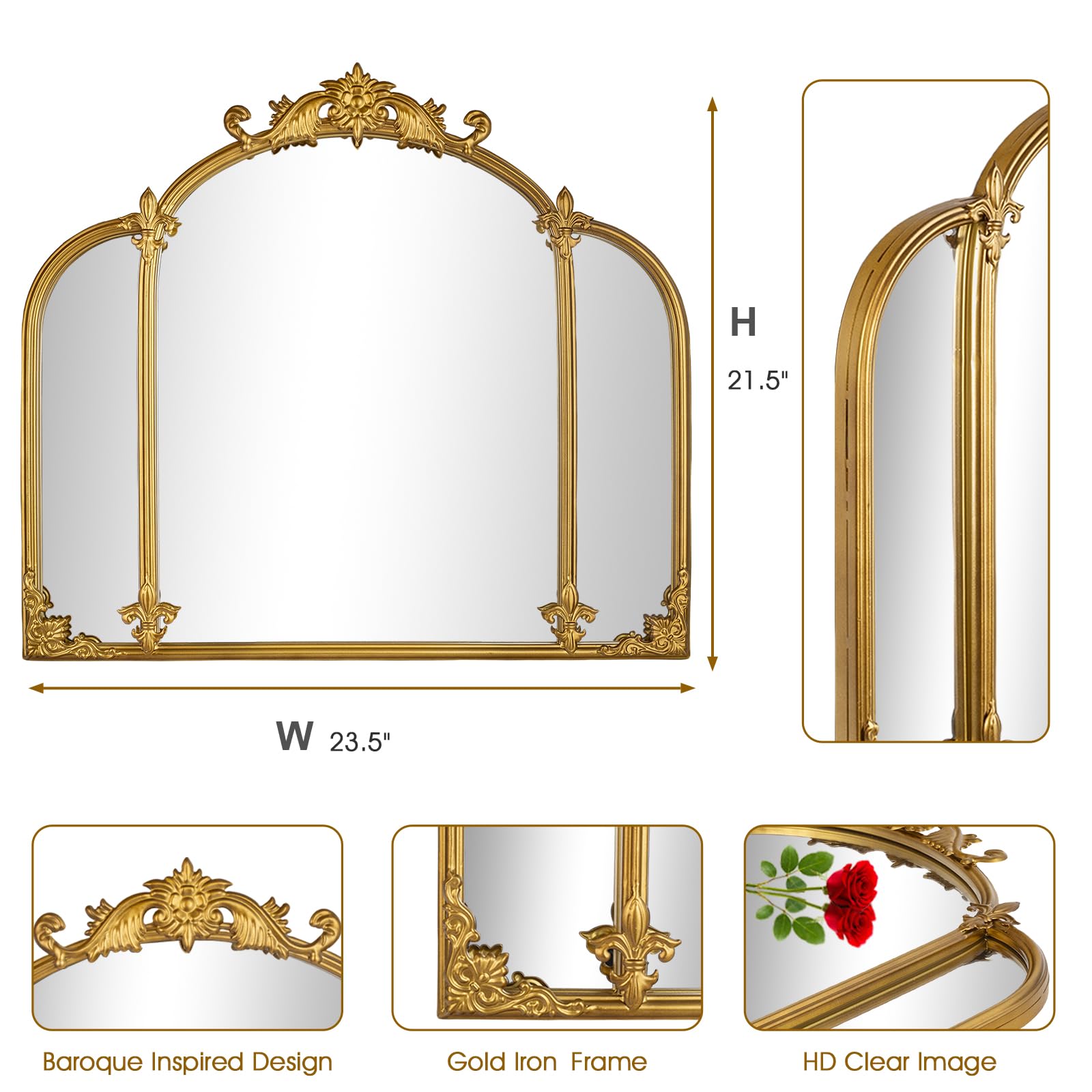Gold Arch Wall Mirror, Vintage Ornate Baroque Mirror with Metal Frame, Decorative Vanity Mirror 24"x22"
