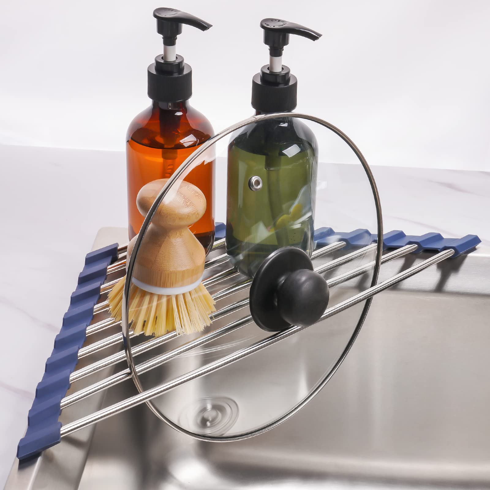 Triangle Foldable Dish Drying Rack, Small Roll-Up - Stainless Steel Over Sink Drainer for Kitchen Sink Corner, Rustproof