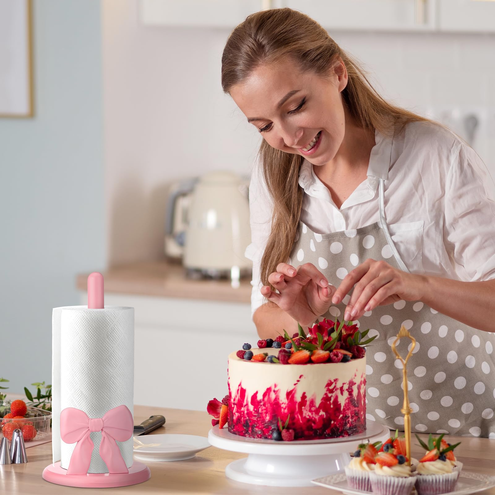Coquette Pink Bow Paper Towel Holder Cute Wooden Decorative Paper Towel Stand Free-Standing