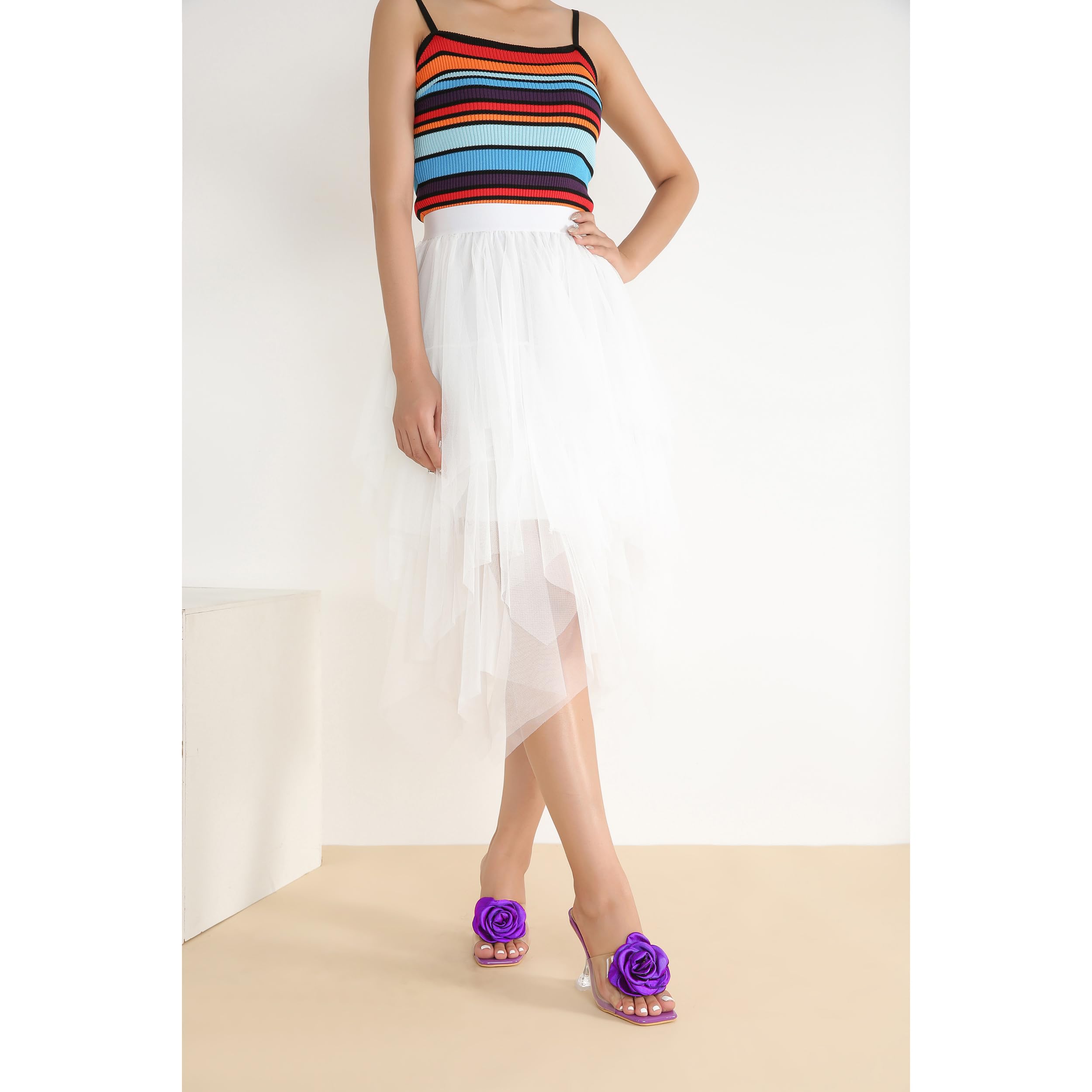 Women Flowers High Heels Mules Sandals Square Toe Slip On Sandals