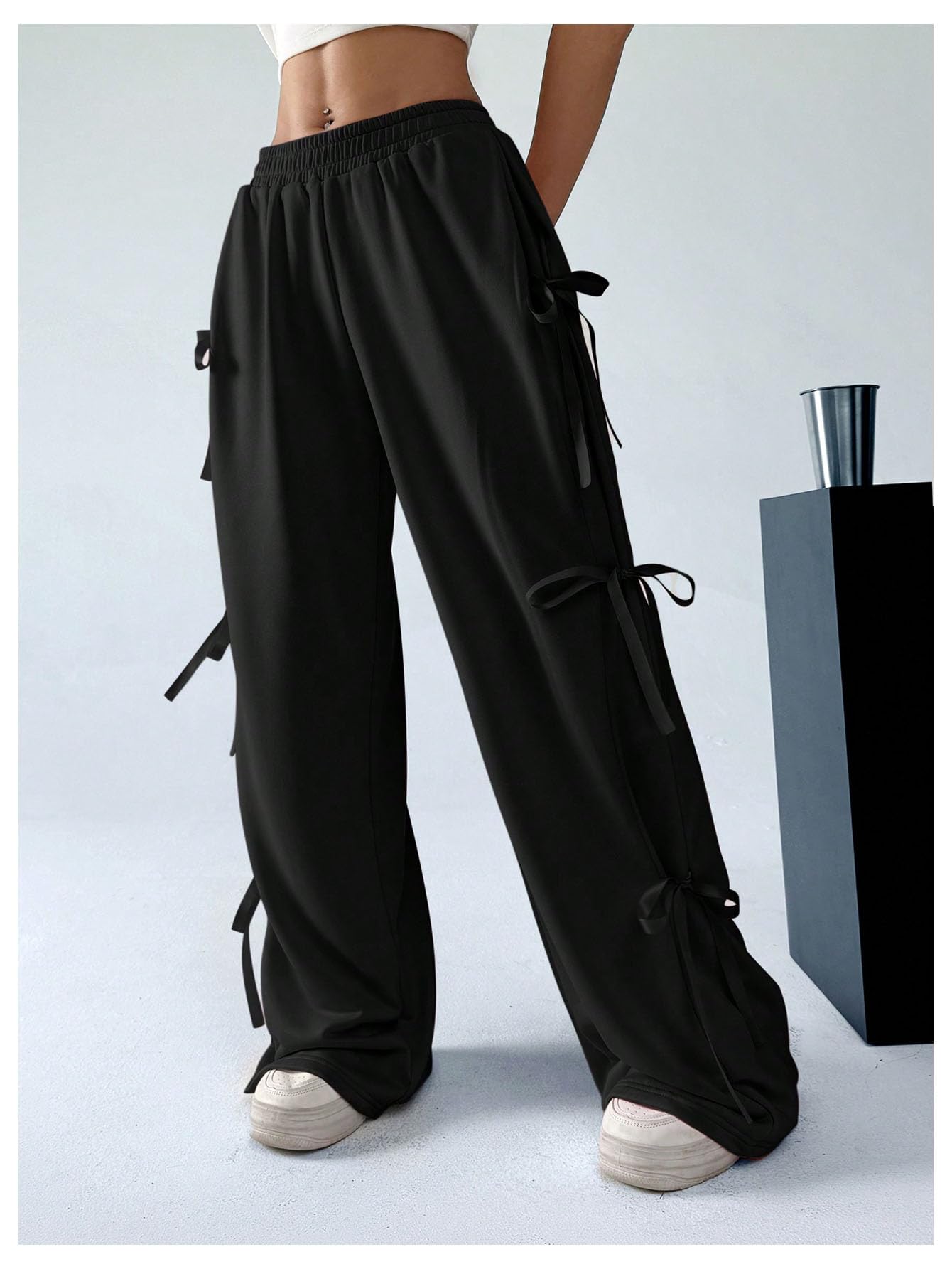 Women's Bow Wide Leg Sweatpants Elastic Waist Casual Baggy Pants with Pocket