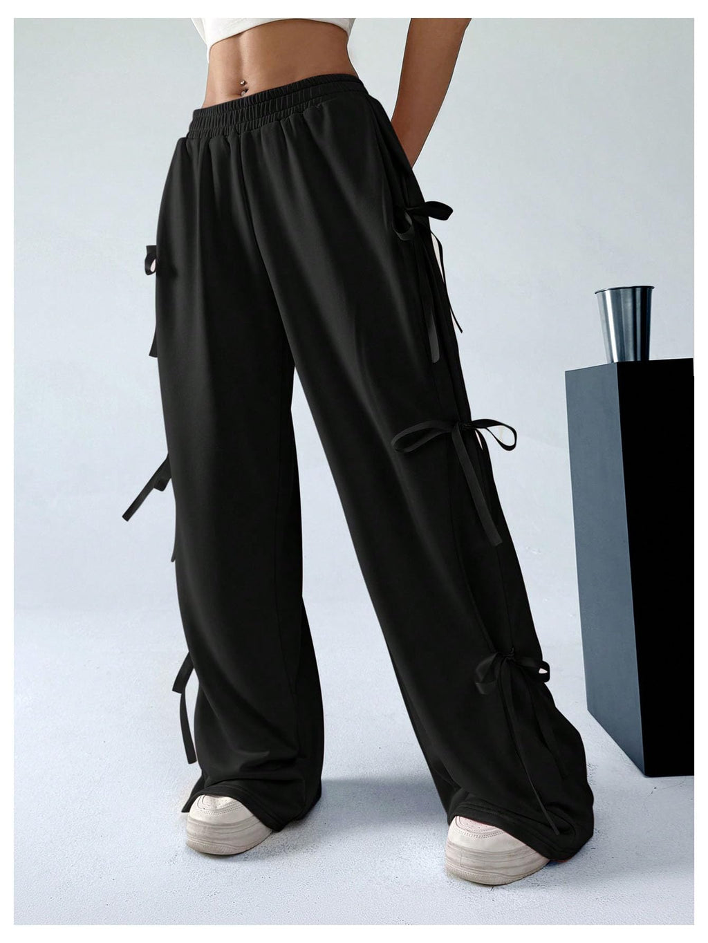 Women's Bow Wide Leg Sweatpants Elastic Waist Casual Baggy Pants with Pocket