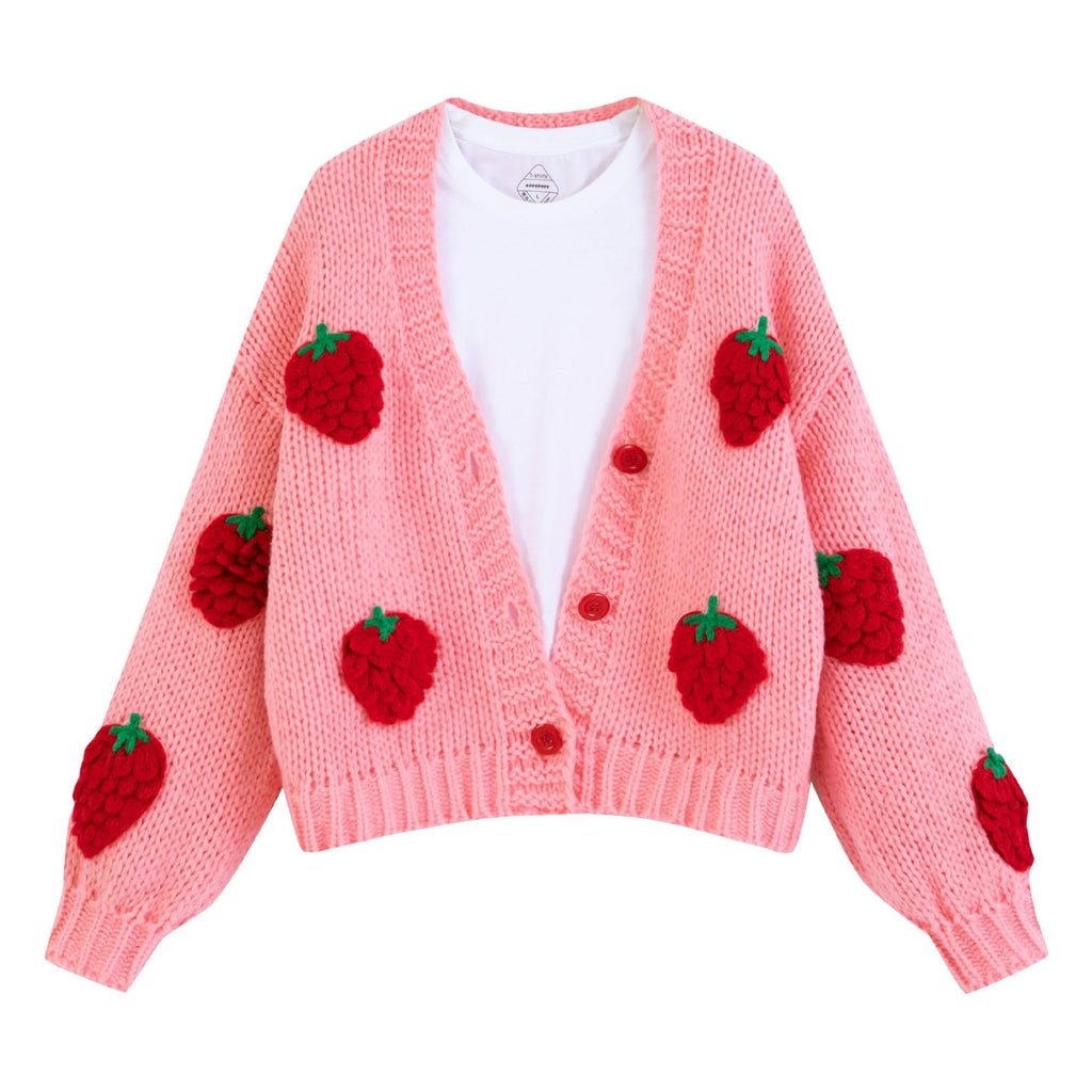 Women's Kawaii Strawberry Embroidered Cardigan Long Sleeve V Neck Chunky Knitted Cardigans