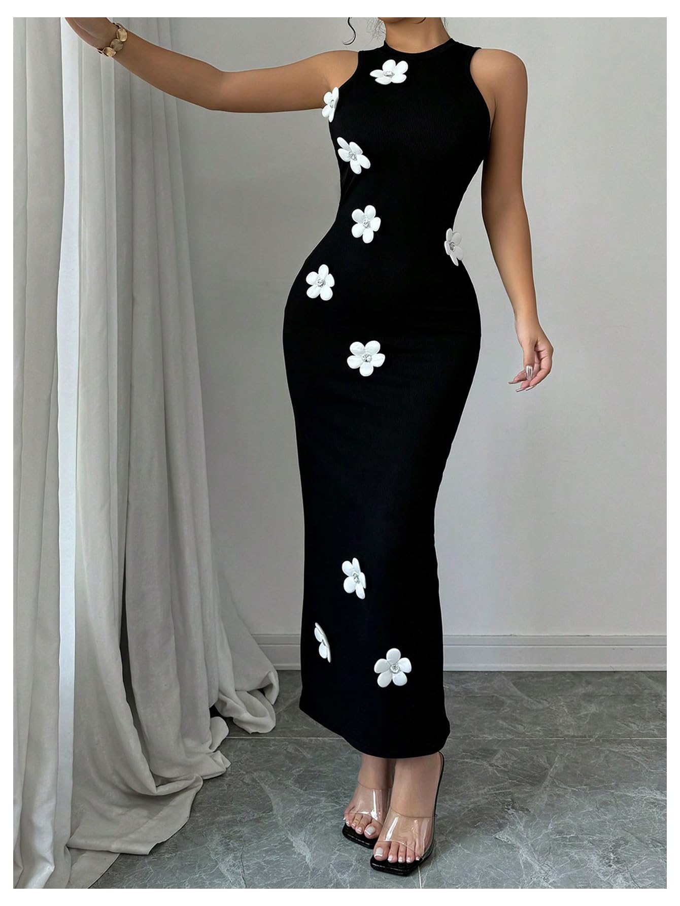Women's 3D Flower Long Dress Cut Out Back Bodycon Sleeveless Elegant Maxi Dres