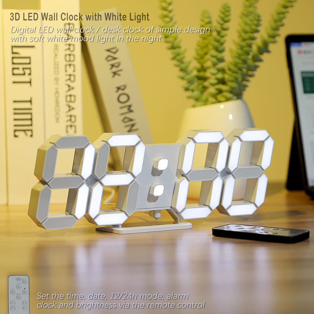 LED 3D Wall Clock 9.7" Clock with Remote/Dimming/12/24H/Temp/Alarm Clock/Date