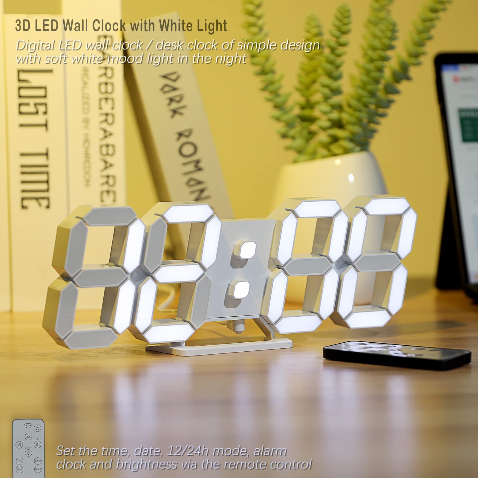 LED 3D Wall Clock 9.7" Clock with Remote/Dimming/12/24H/Temp/Alarm Clock/Date