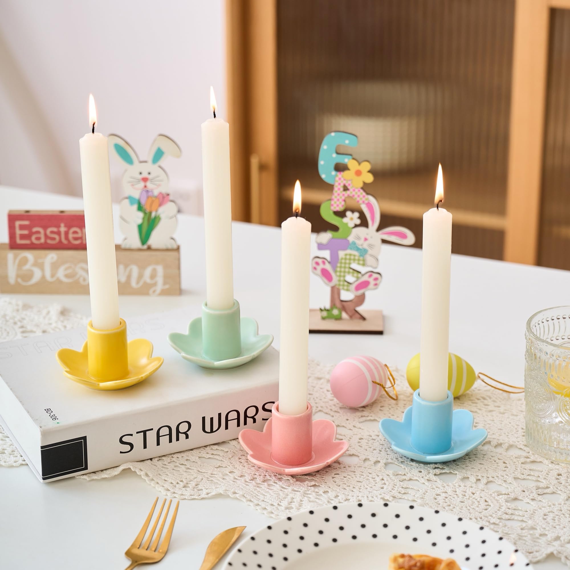 Colorful Ceramic Candlestick Holders Set of 4, Cute Taper Candle Holders Chic Flower Shaped Table Centerpiece