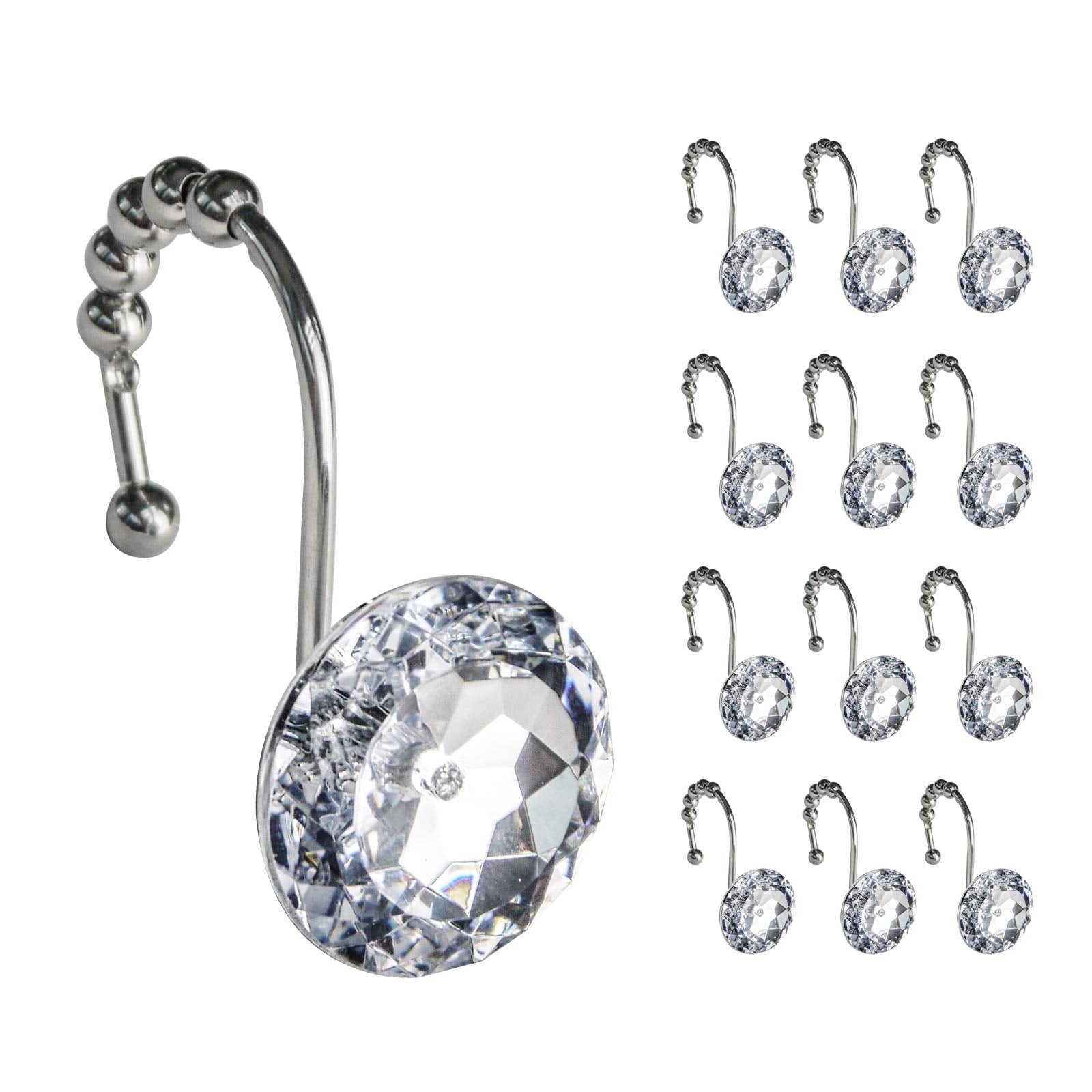 Luxury Design Round Diamond Crystal Gem Bling with Glide Balls Shower Curtain Hooks, Rust Proof Metal Rhinestones Glam Shower Curtain Rings-12 Pack
