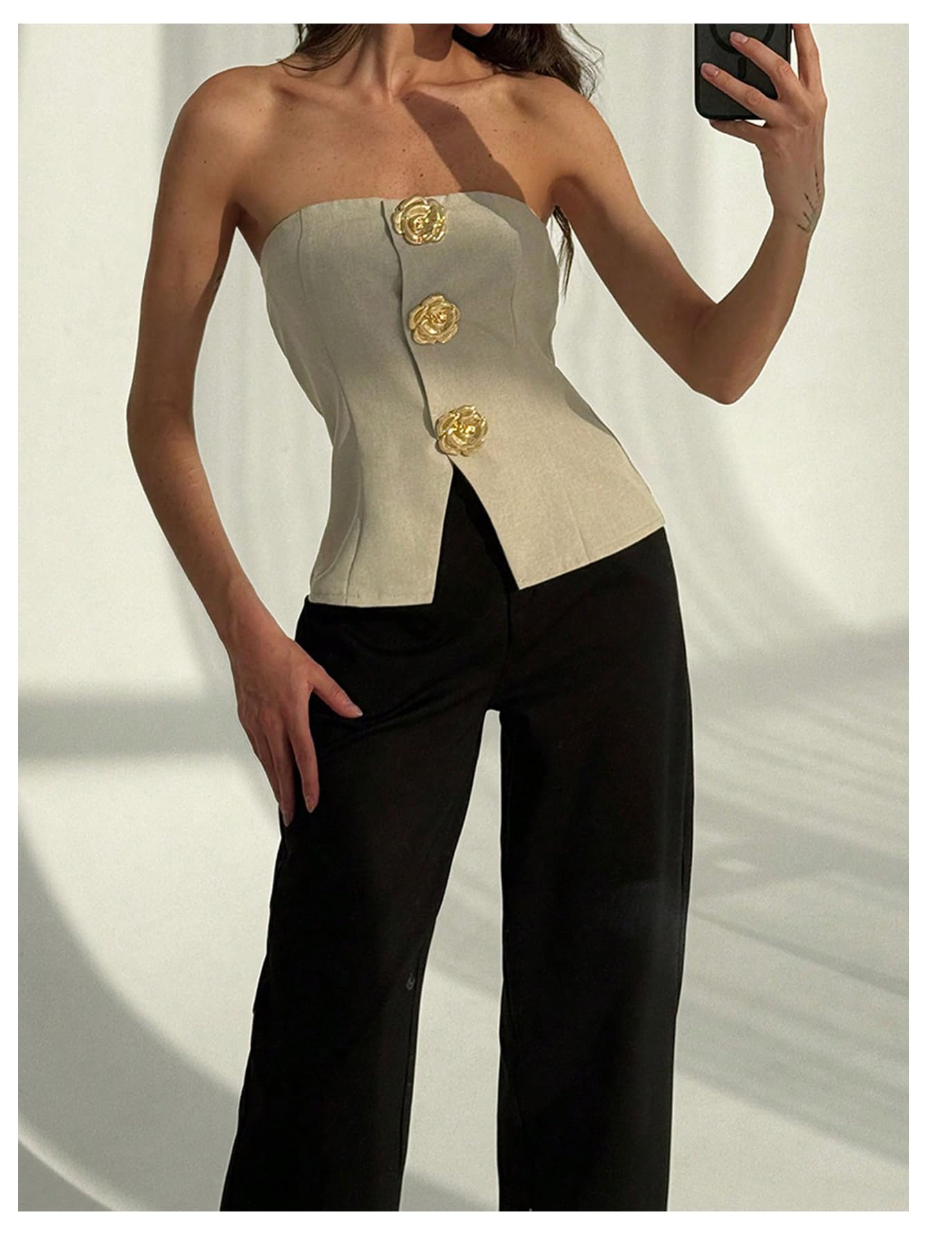 Women's Flower Metallic Sleeveless Bandeau Split Hem Strapless Tube Top