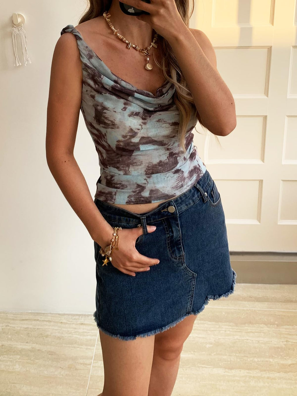 Women's Off The Shoulder Top Sleeveless Twist Strap Slim Fit Tie-Dyed Stretchy Tank Top Y2K Casual T Shirts