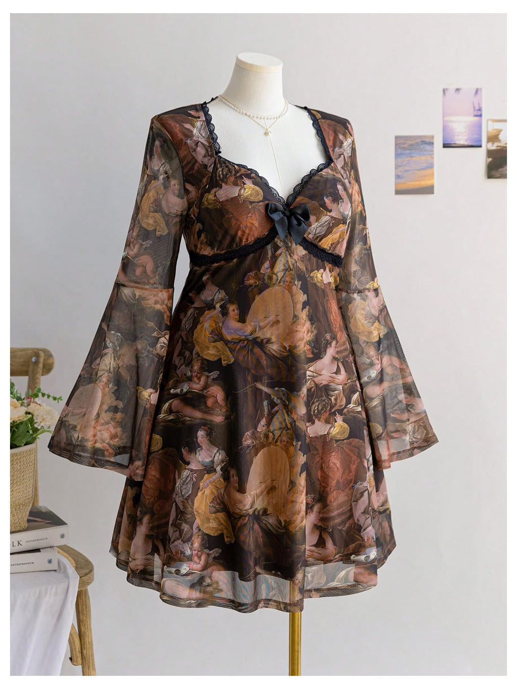 Women's Plus Size Lace Leopard Print Bell Sleeve Bow Front Dress Mini