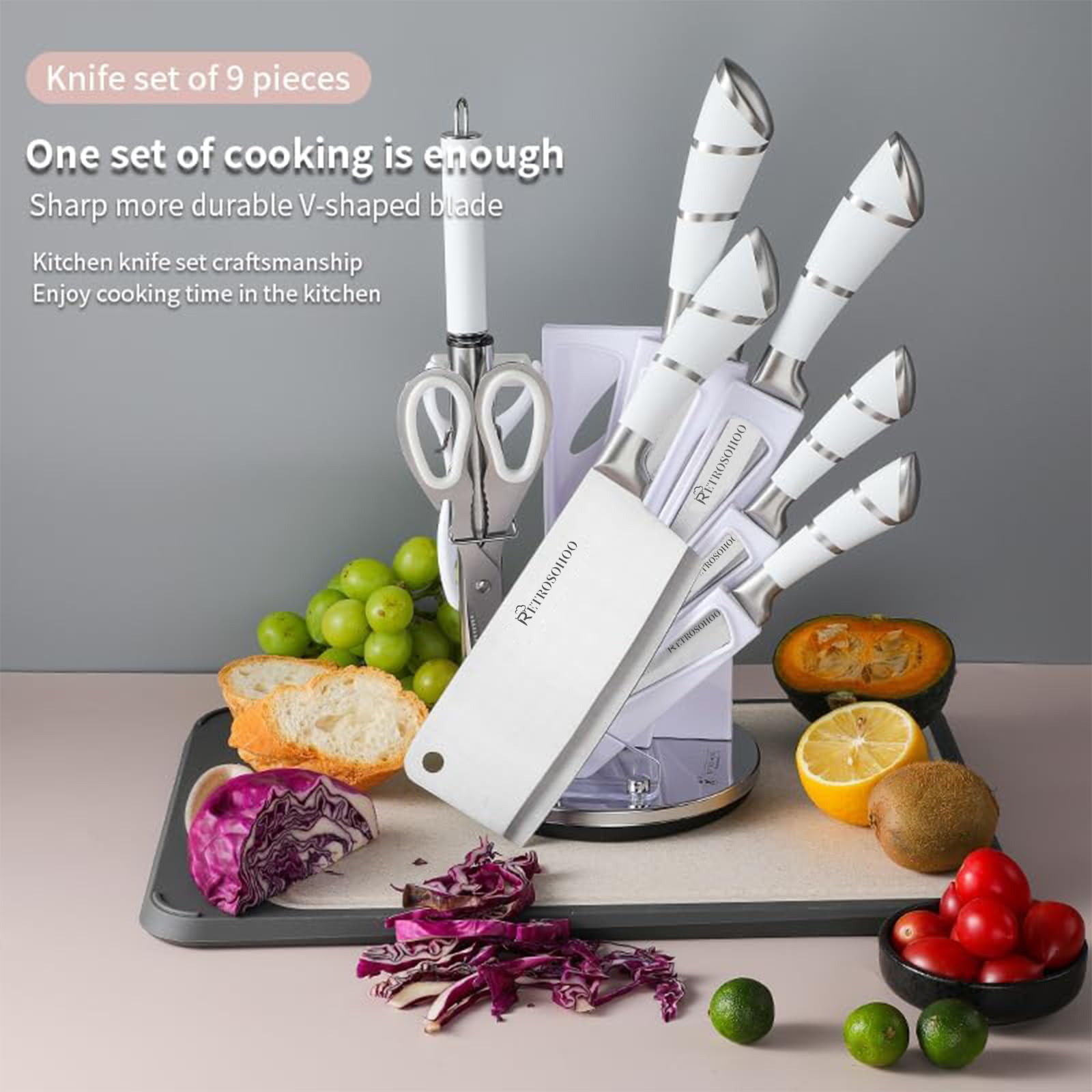 Kitchen Stainless Steel Knife Set, 9-Pieces Sharp Non-Stick Coated Chef Knives Block Set