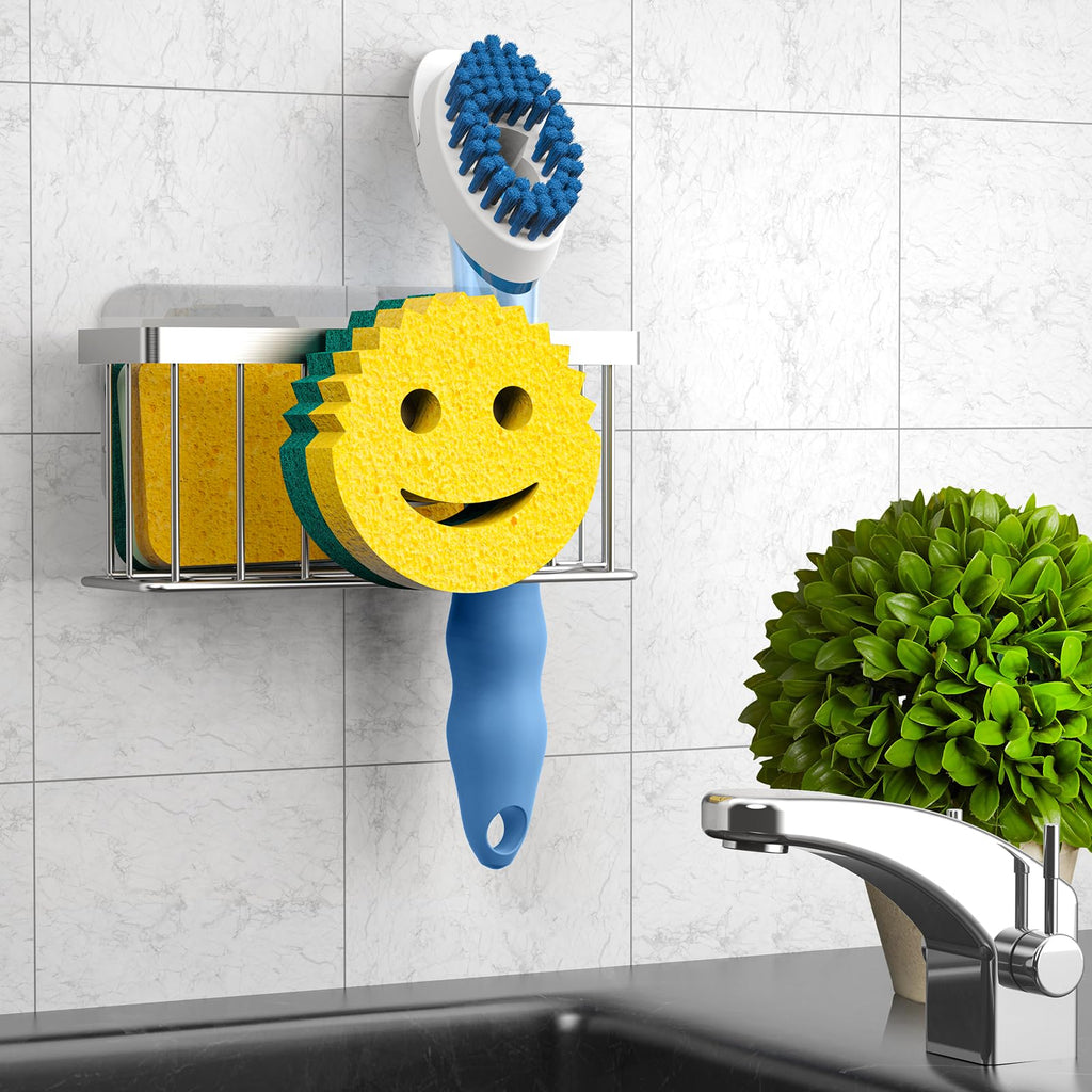Sponge Holder Smiley Face, Sink Caddy for Kitchen Organizer Sponge Holder with 2 PCS Suction Cups/1 PCS Adhesive Strips