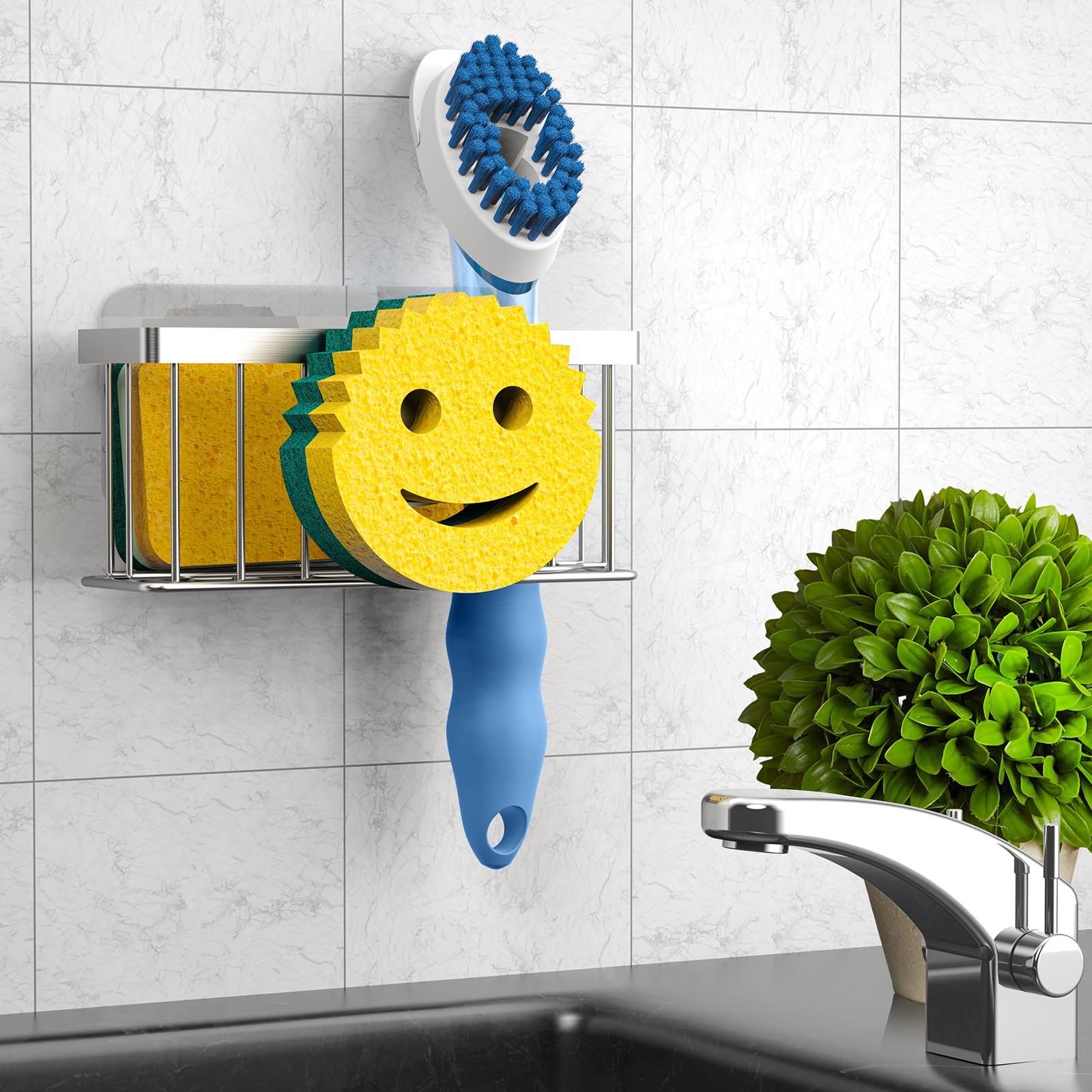 Sponge Holder Smiley Face, Sink Caddy for Kitchen Organizer Sponge Holder with 2 PCS Suction Cups/1 PCS Adhesive Strips