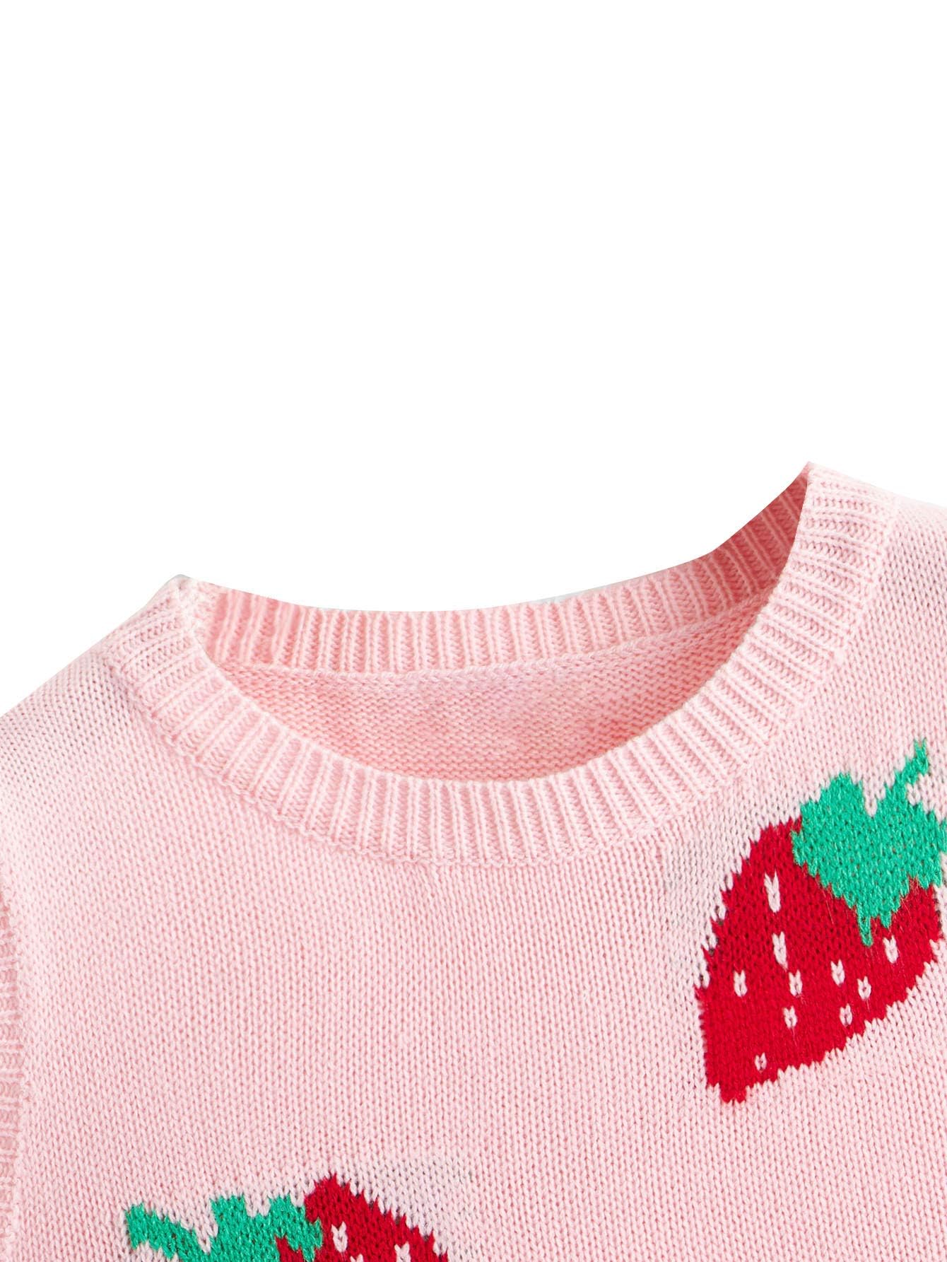 Women's Sleeveless Round Neck Cute Strawberry Sweater Vest Crop Shirt Top
