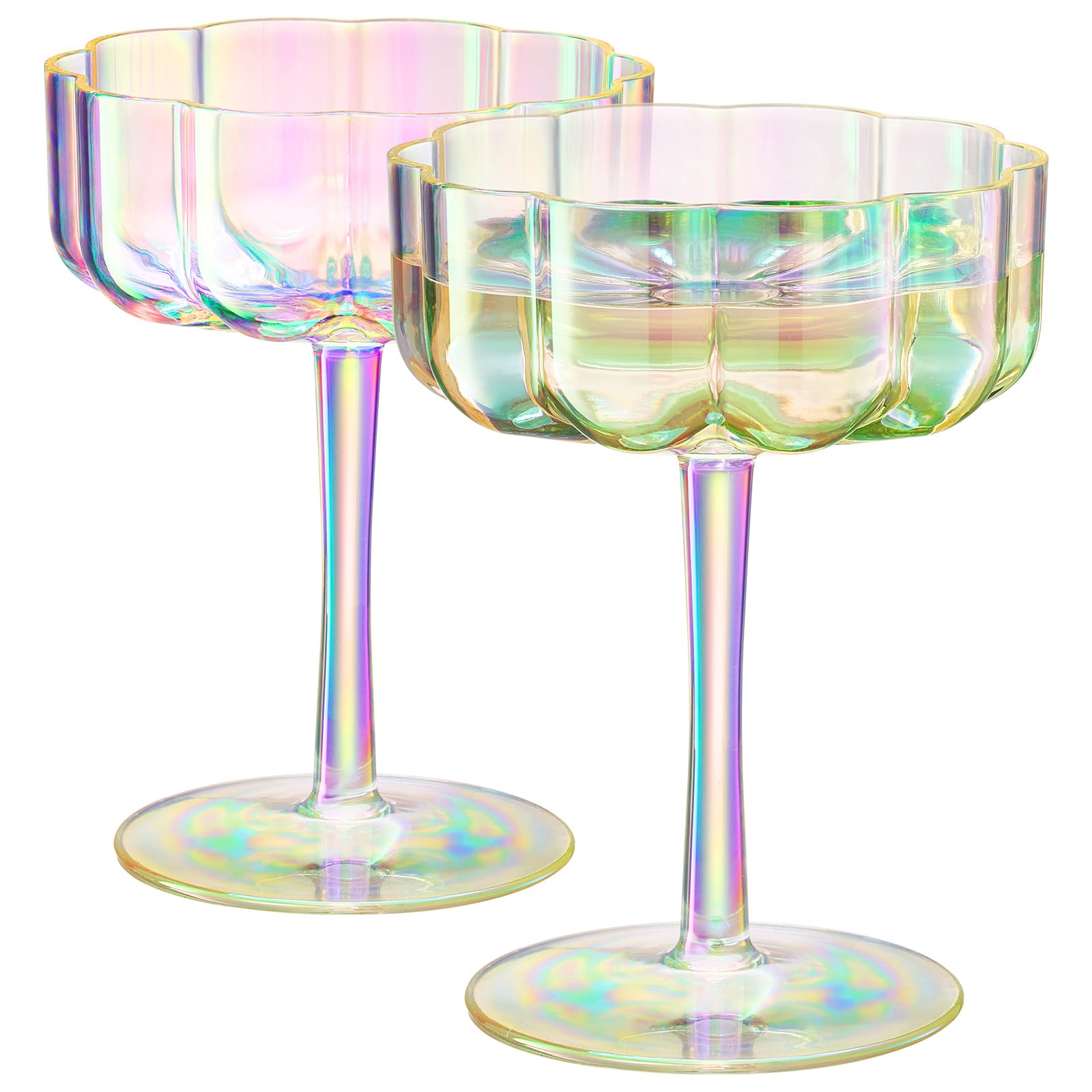 Shatterproof Acrylic Flower Wavy Vintage Art Deco Martini, Champagne & Cocktail Muted Pastel Color Plastic Tritan Coupe Glasses