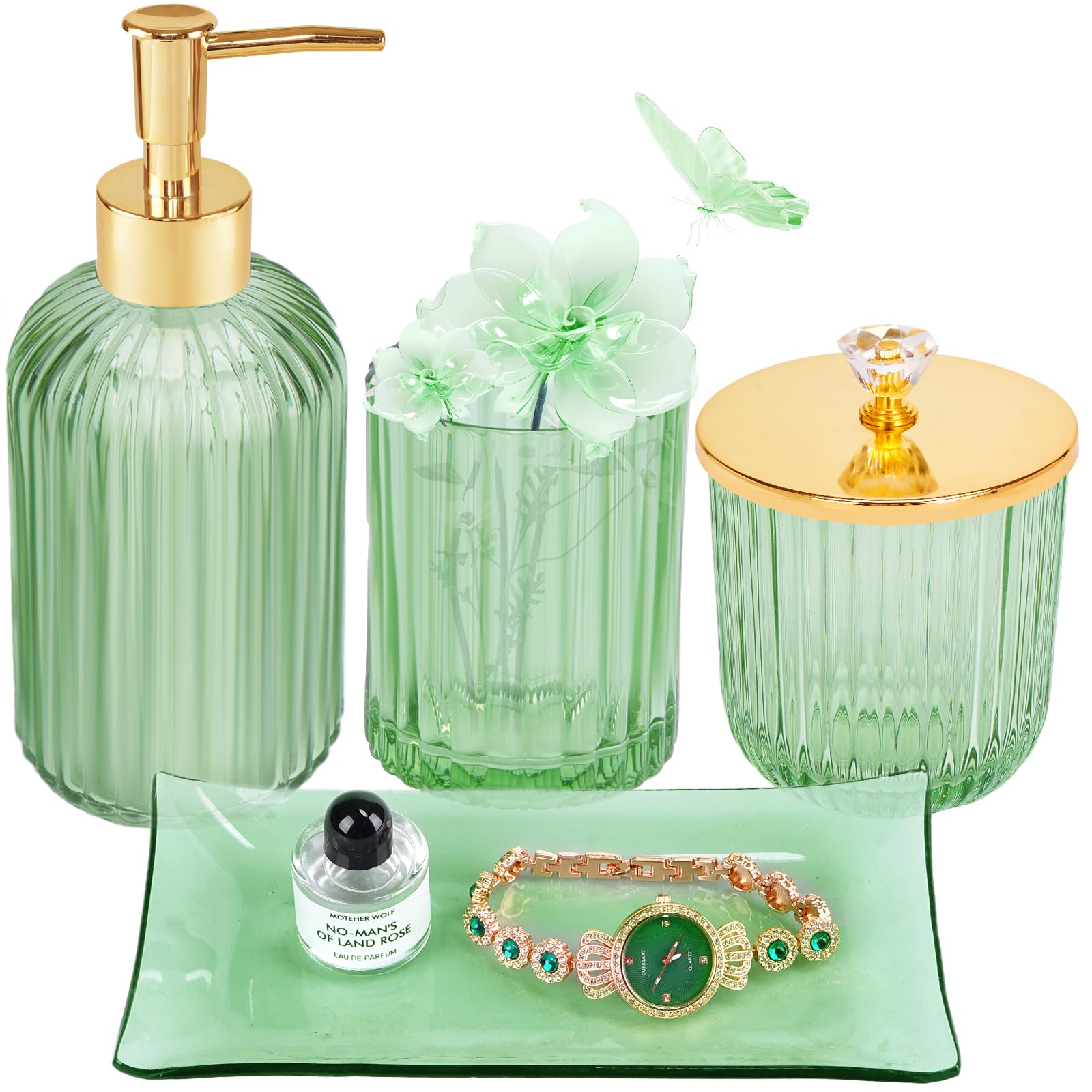 Glass Bathroom Accessories Set 4PCS Bathroom Accessories Set with Soap Dispenser Toothbrush Holder Qtip Holder & Vanity Tray