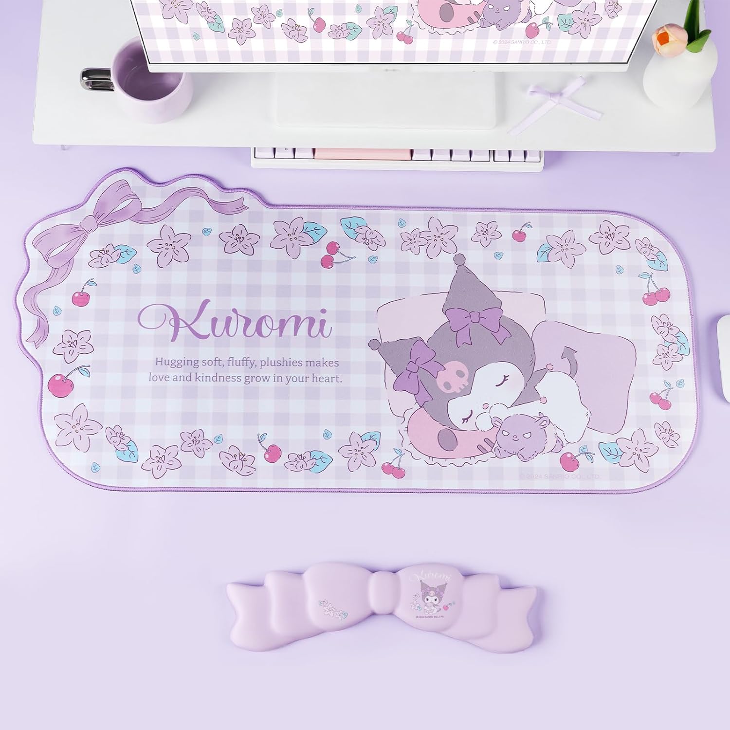 Kawaii Anime Mouse Pad Wrist Rest Support Set - Non-Slip Desk Mat and Memory Foam Bowknot Wrist Rest for Keyboard and Mouse,Perfect for Gaming or Home Office Work