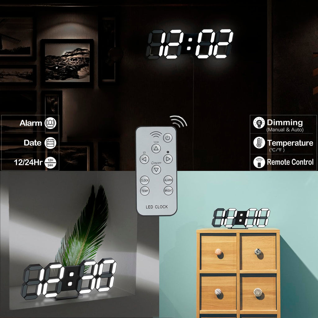 LED 3D Wall Clock 9.7" Clock with Remote/Dimming/12/24H/Temp/Alarm Clock/Date