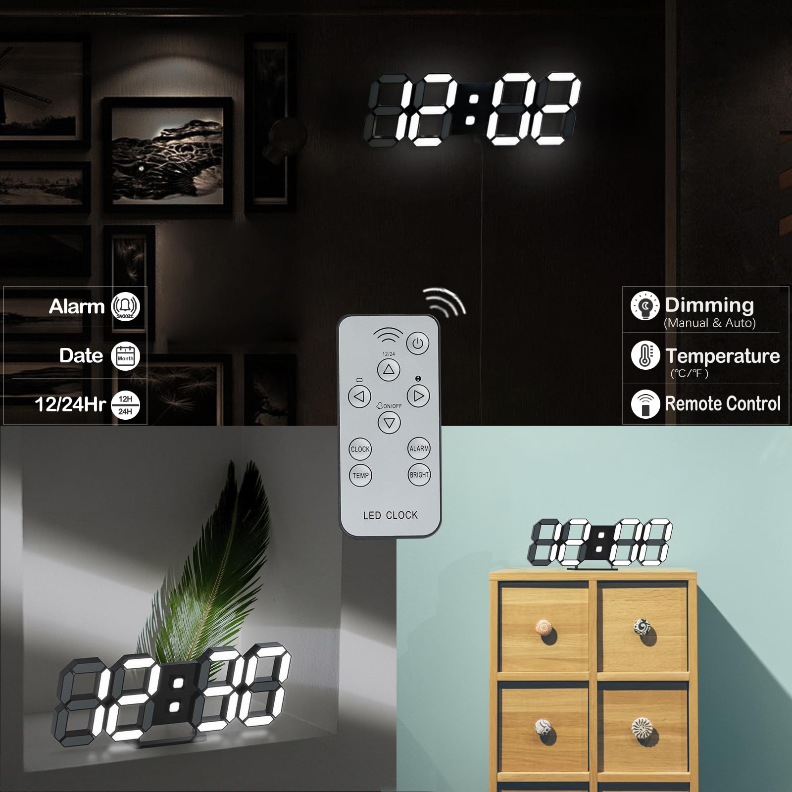 LED 3D Wall Clock 9.7" Clock with Remote/Dimming/12/24H/Temp/Alarm Clock/Date