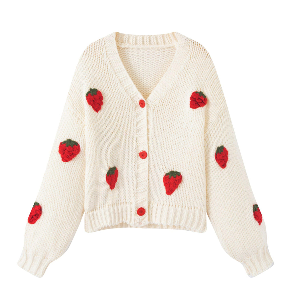 Women's Kawaii Strawberry Embroidered Cardigan Long Sleeve V Neck Chunky Knitted Cardigans