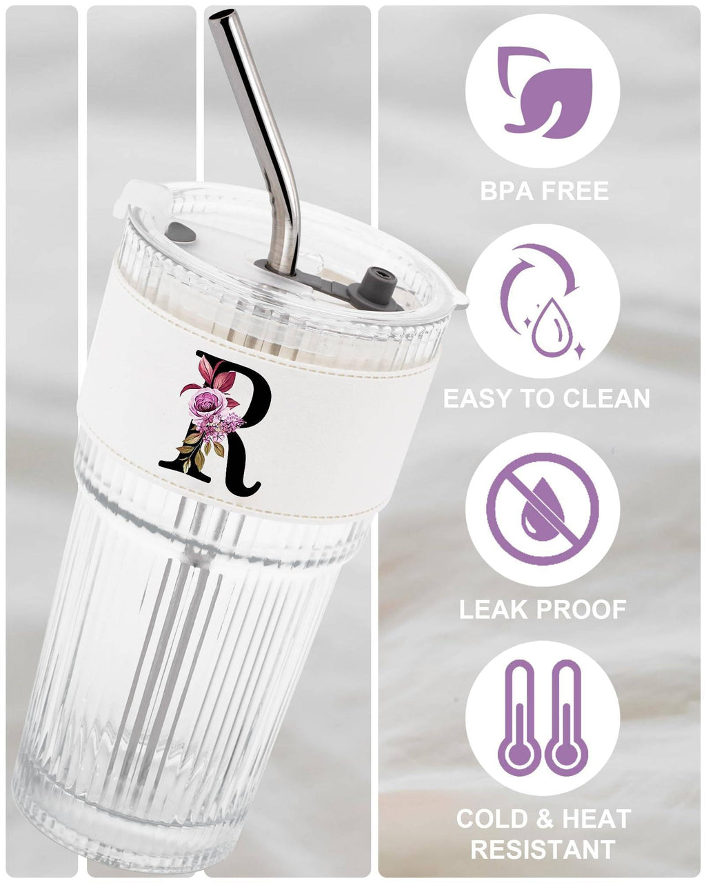 Initial Glass Cup with Lid Straw Ribbed Ice Tea Clear Tumbler Her Sister Coffee Matcha Latte Girlfriend Gf Aunt Best Friend Friendship Bestie Wife Cute Asthetic Unique Birthday Personalized Gift K