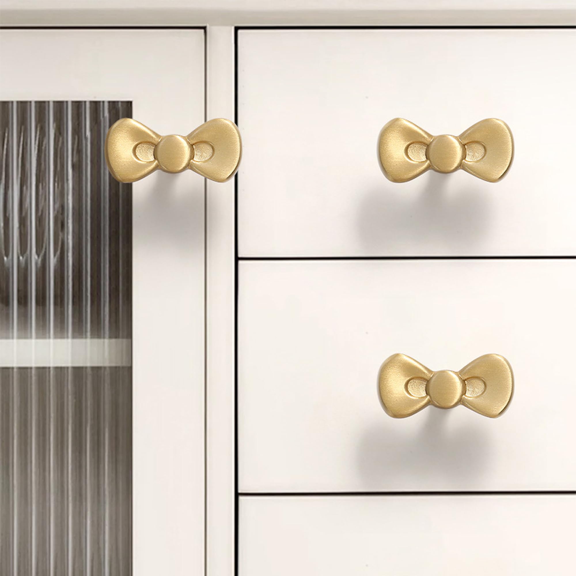 Gold Brass Small Bow Knobs Cute Dresser Drawer Handles Kitchen Cabinet Pulls Art Deco Single Hole Decorative Knobs Modern Furniture Hardware for Closet Cupboard