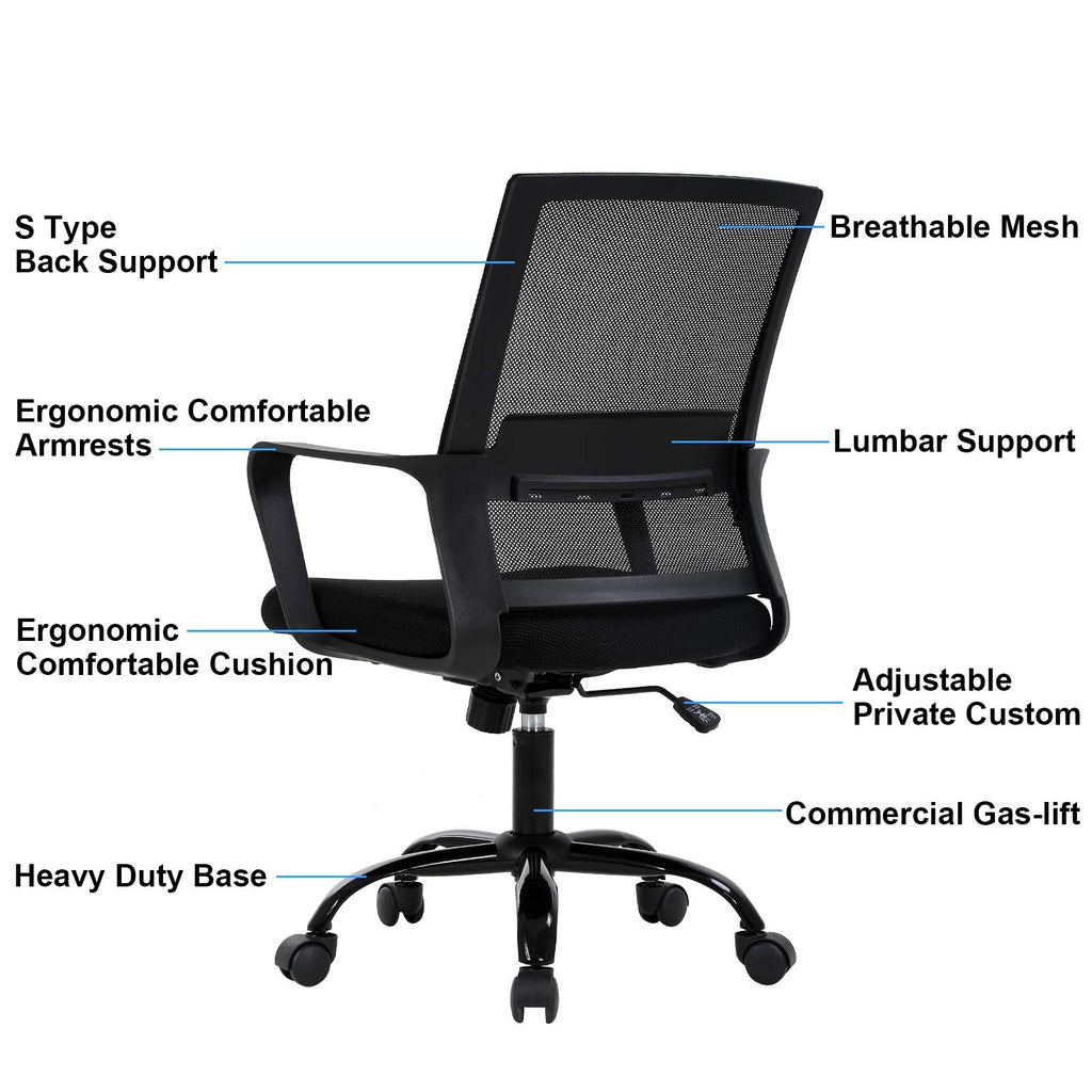 Mid Back Chair with Armrest and Back Support, Modern Executive Adjustable Rolling Swivel Task Chair Comfortable Mesh Chair