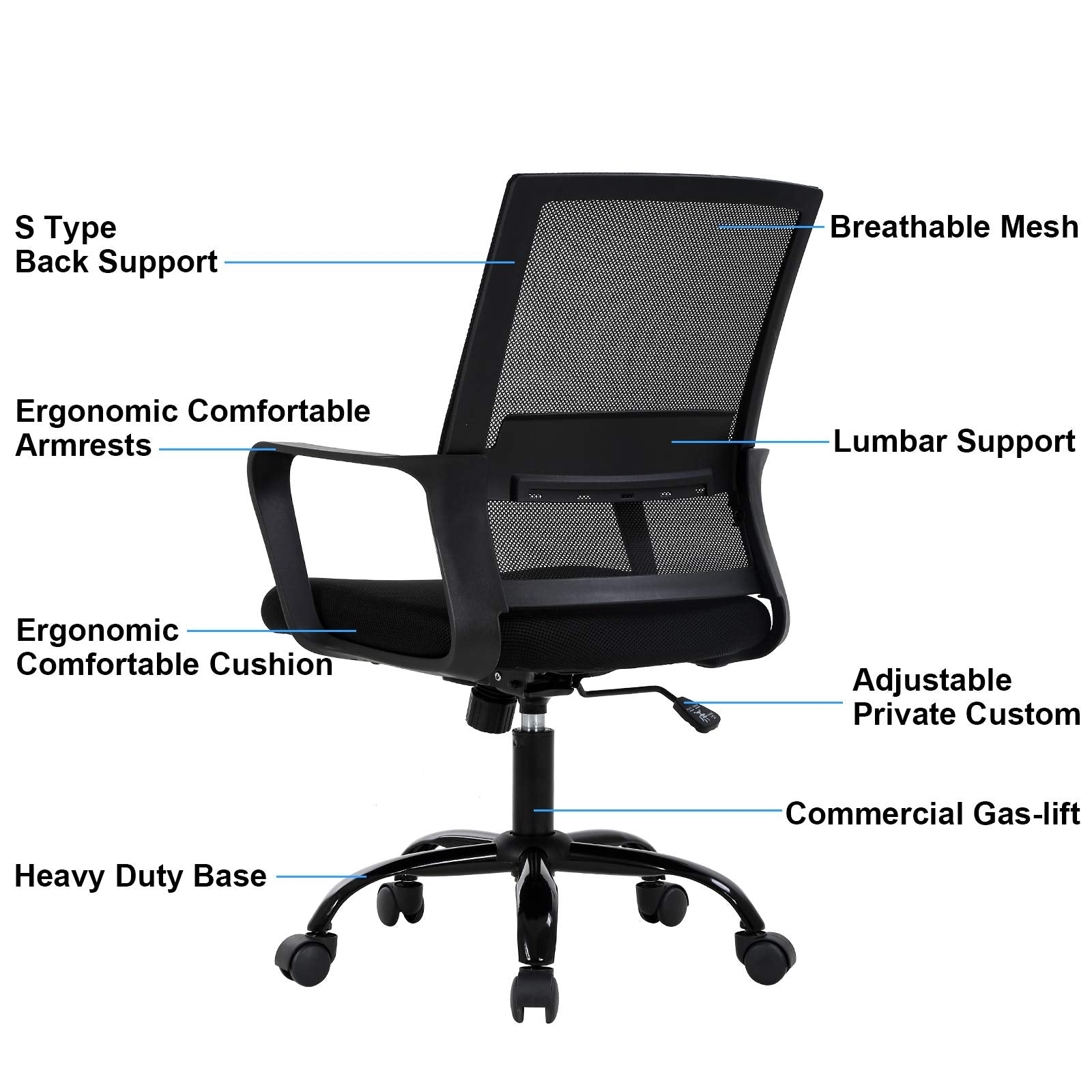 Mid Back Chair with Armrest and Back Support, Modern Executive Adjustable Rolling Swivel Task Chair Comfortable Mesh Chair