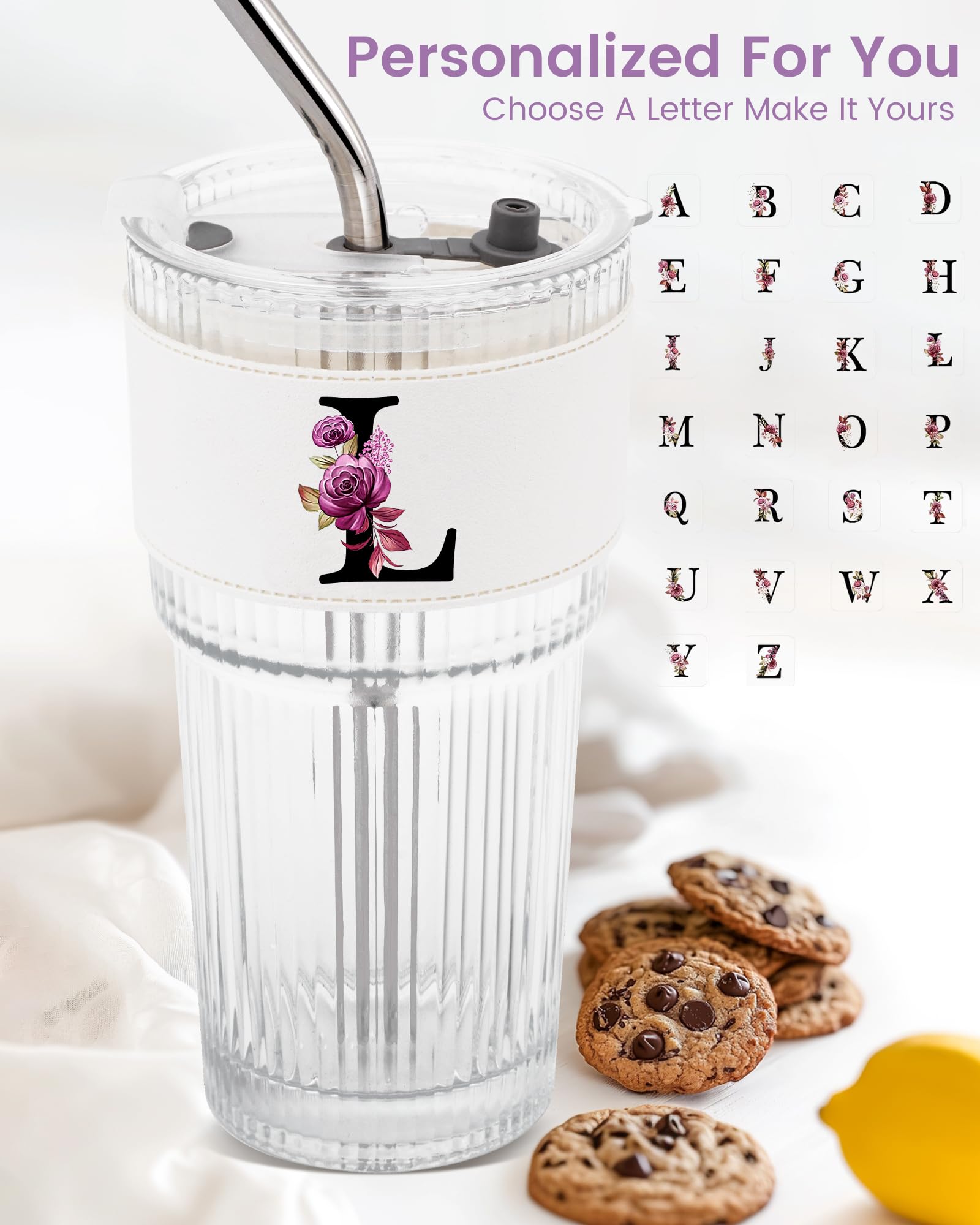Initial Glass Cup with Lid Straw Ribbed Ice Tea Clear Tumbler Her Sister Coffee Matcha Latte Girlfriend Gf Aunt Best Friend Friendship Bestie Wife Cute Asthetic Unique Birthday Personalized Gift K