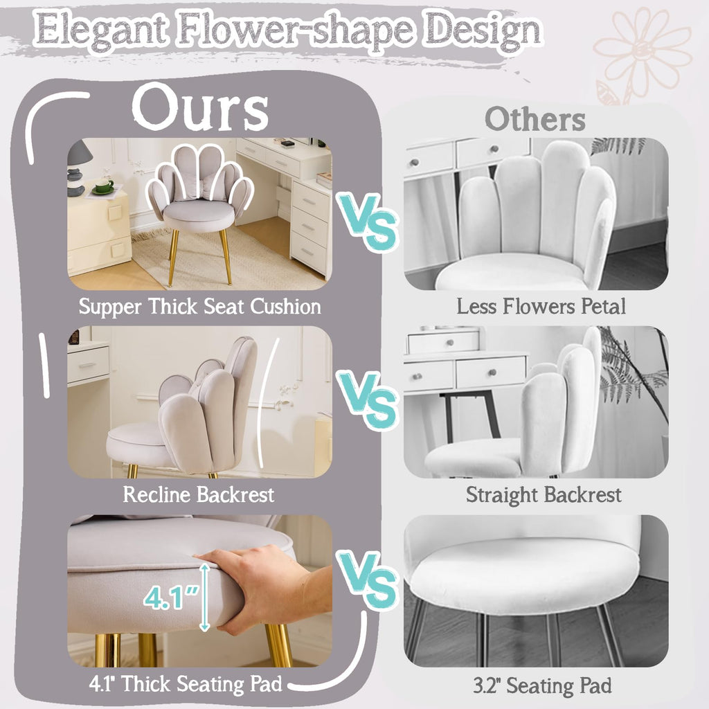 Cute, non-wheeled desk chair with backrest, fluffy cushion, cozy makeup chair with adjustable golden legs