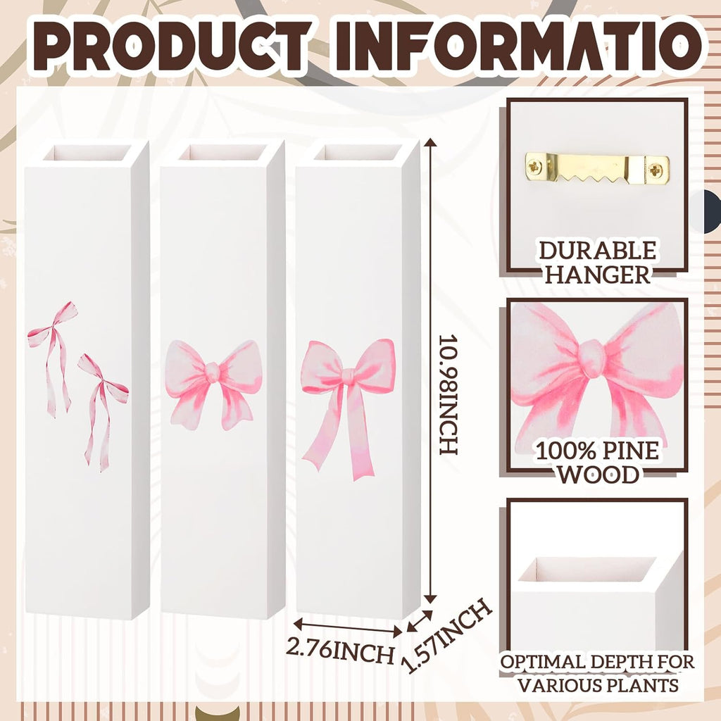 Pink Bow Vase Wood Wall Art Decor Coquette Wall Planter for Flowers Hanging Pocket  3 Pack