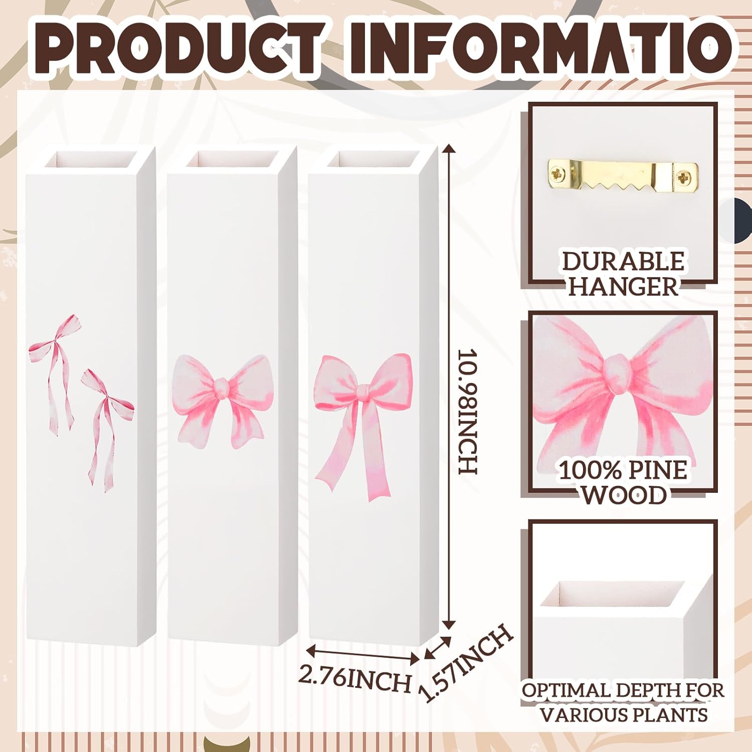 Pink Bow Vase Wood Wall Art Decor Coquette Wall Planter for Flowers Hanging Pocket  3 Pack